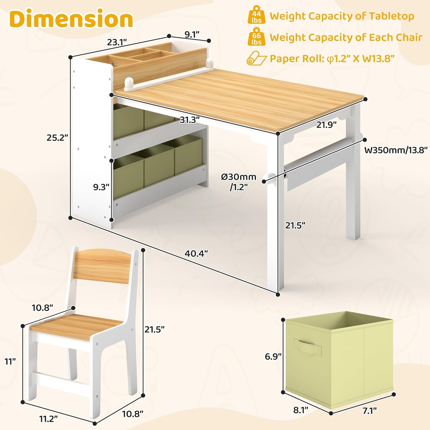 Kids Art Table and Chair Set, Craft and Play Wood Activity Table with