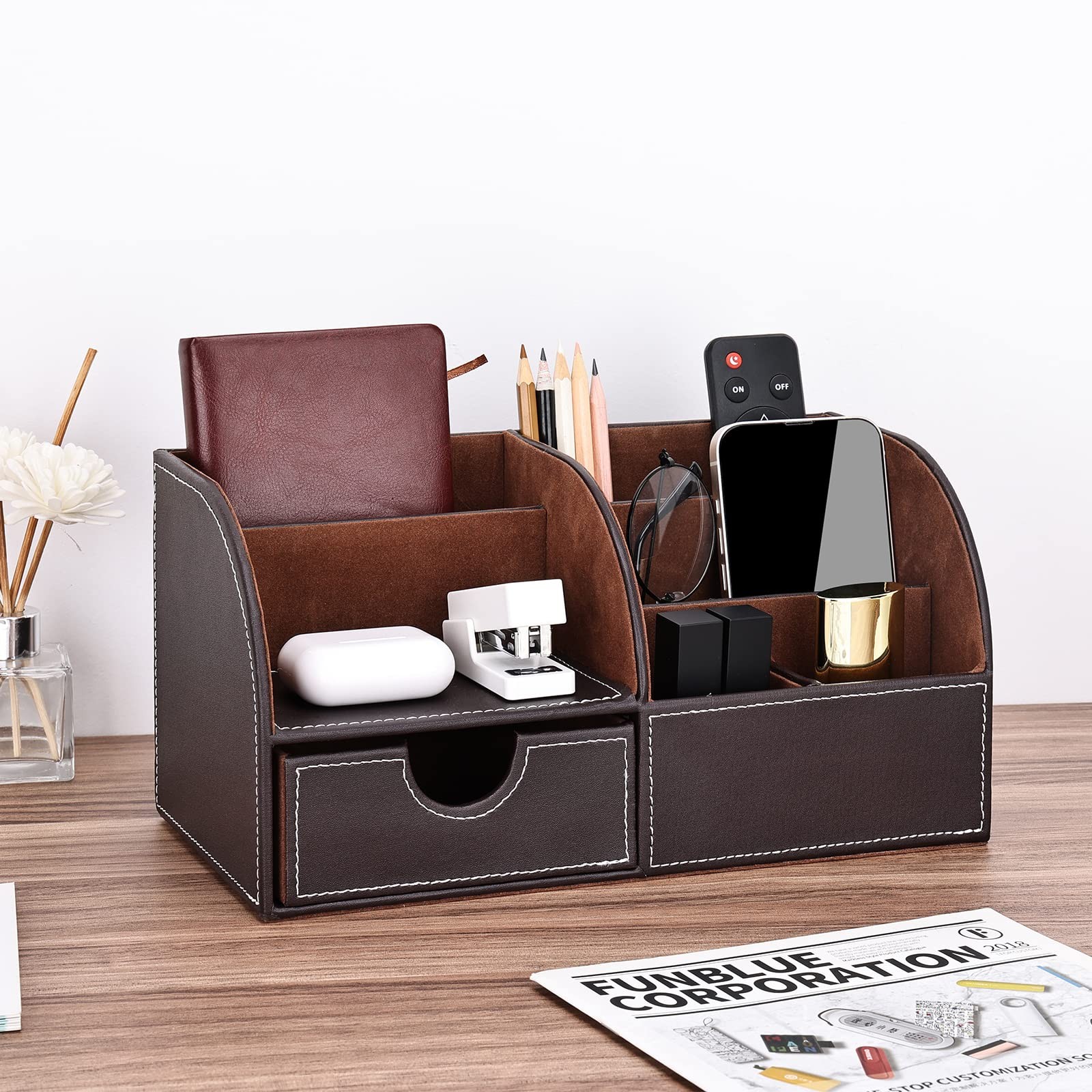 KINGFOM Pu Leather Desk Organizer Pen Pencil Holder Office Supplies Brown