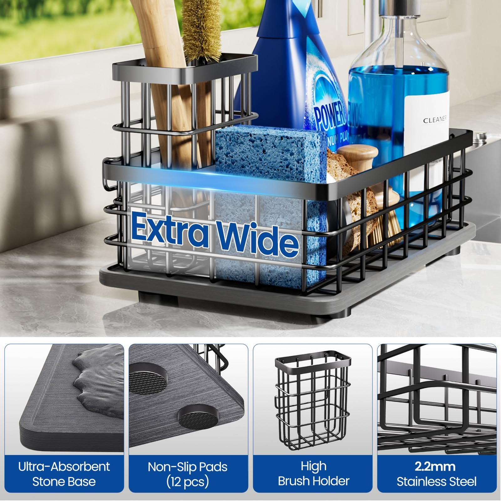 Extra Large Kitchen Sink Caddy Organizer, Stainless Steel Sponge Large, Black
