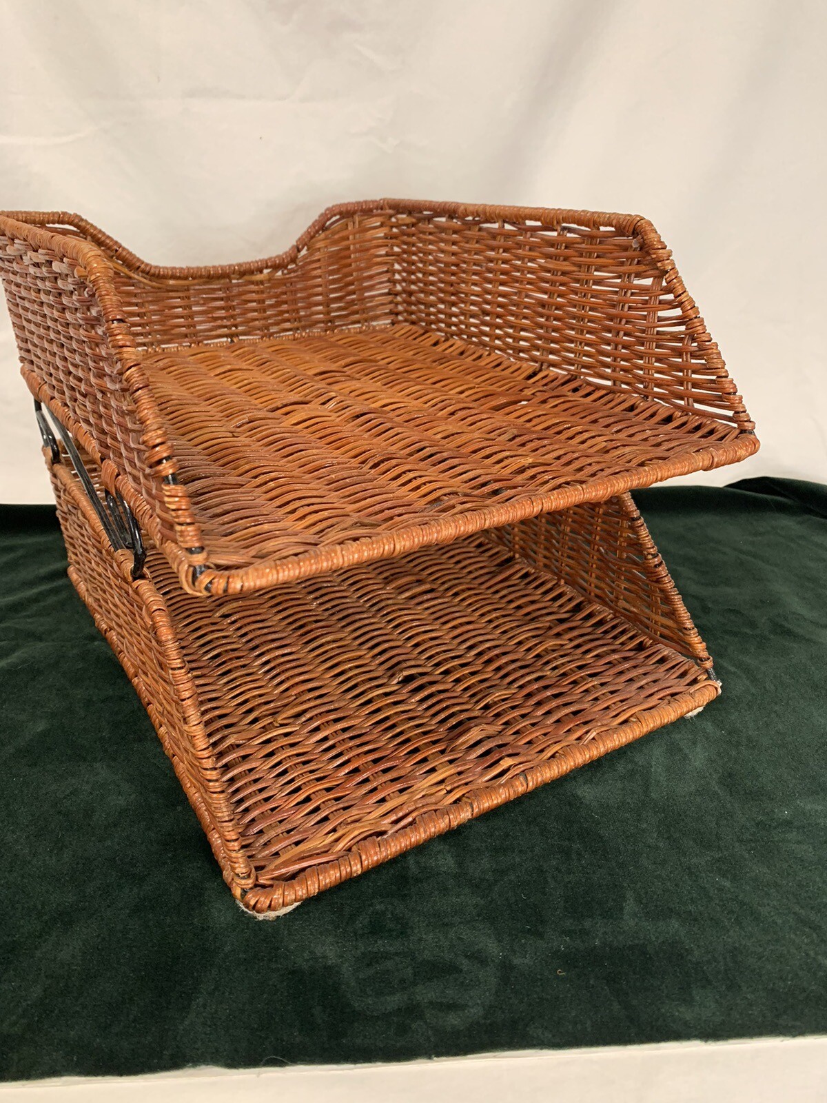 Wicker Desk Letter Paper Organizer Wire & Rattan Brown 2 Tier Double Tray Office