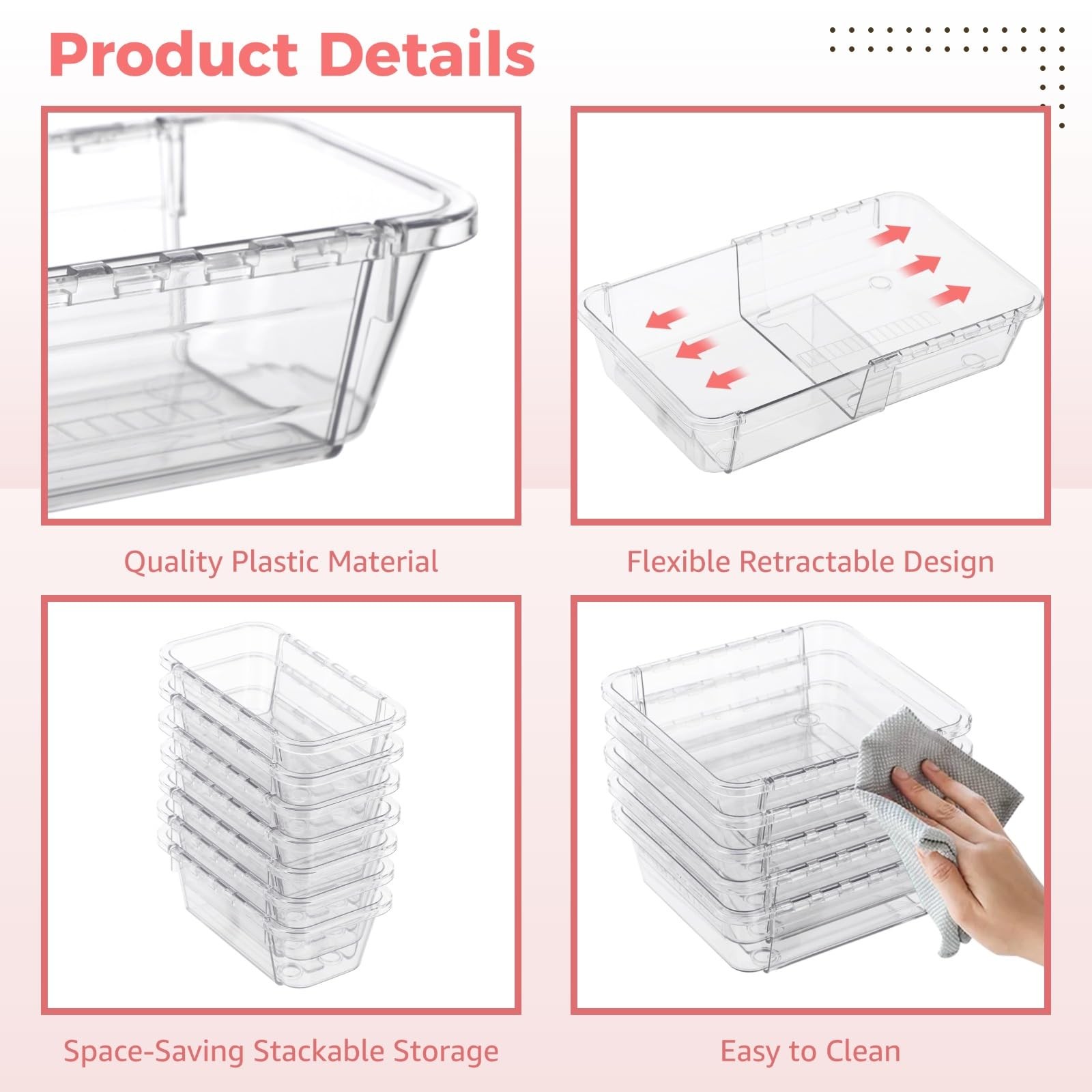 KLYGOBSR 15 Pcs Extendable Clear Bathroom Drawer Organizer Trays 2-Size