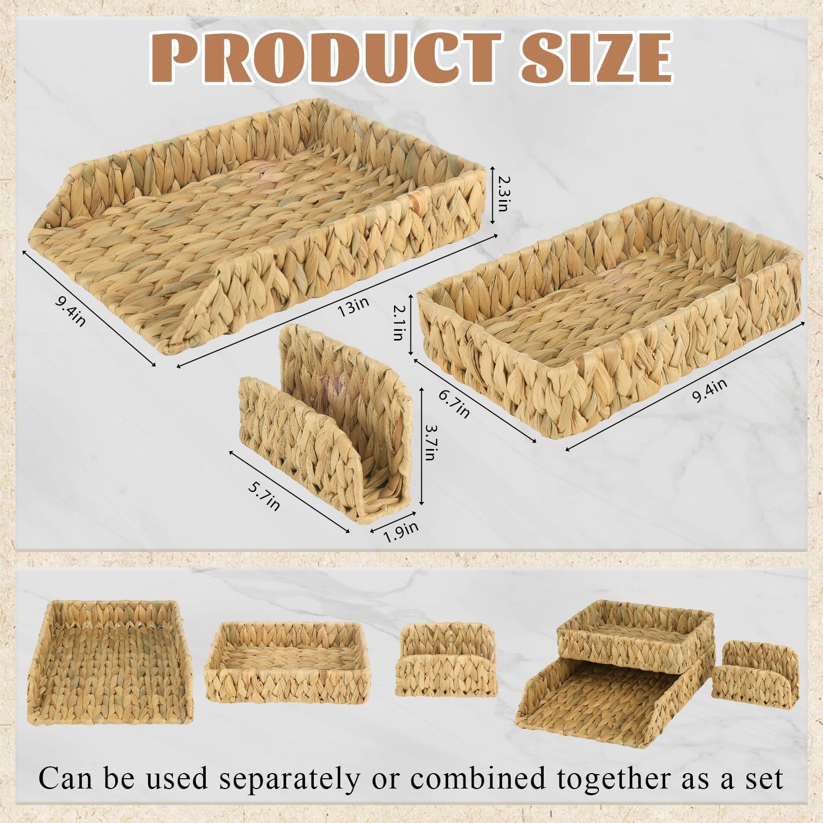 Woven Desk Organizer Letter Tray Set of 3, Water Hyacinth Paper Baskets for O…