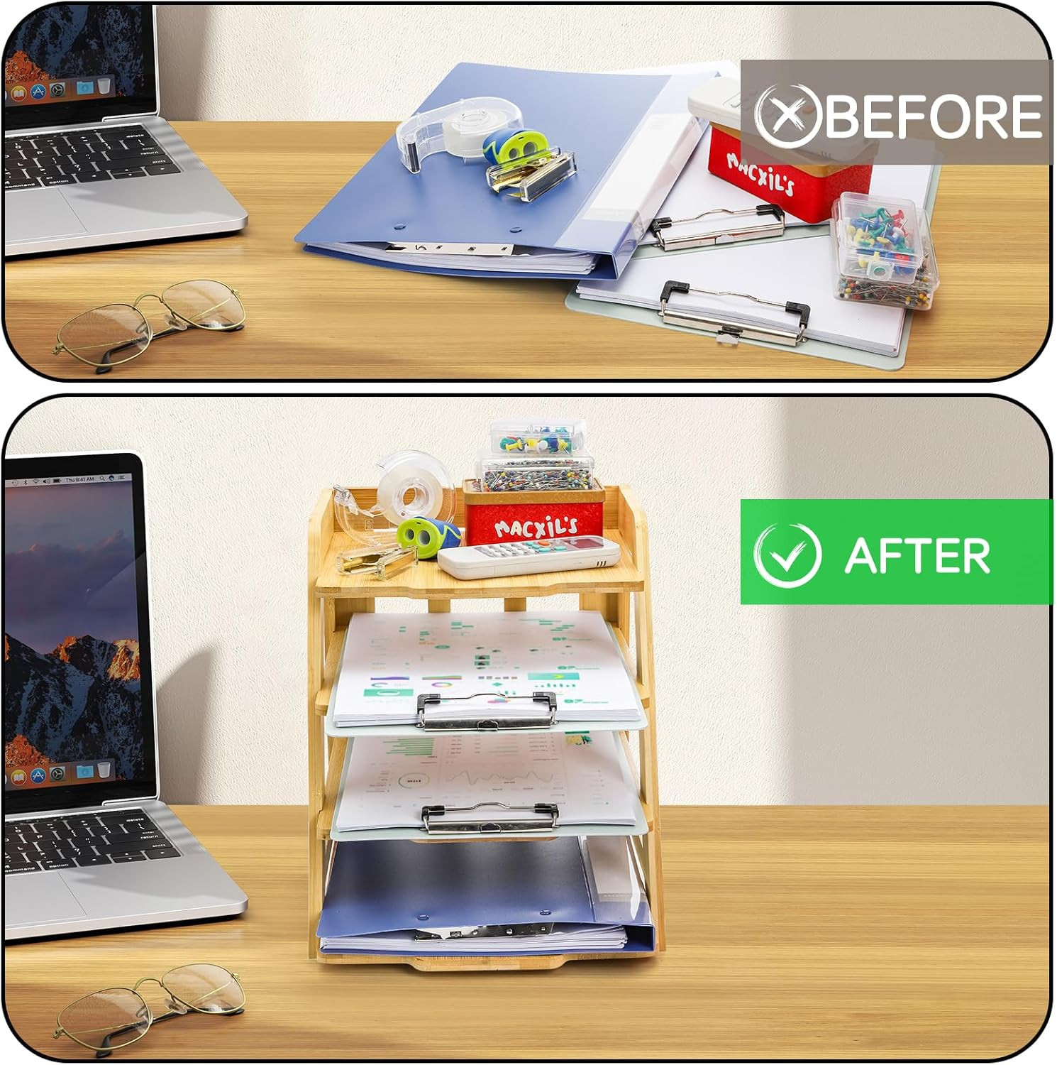 Wood Paper Organizer for Desk, 4 Tier Bamboo Letter Tray File Folder, Mail Sorte