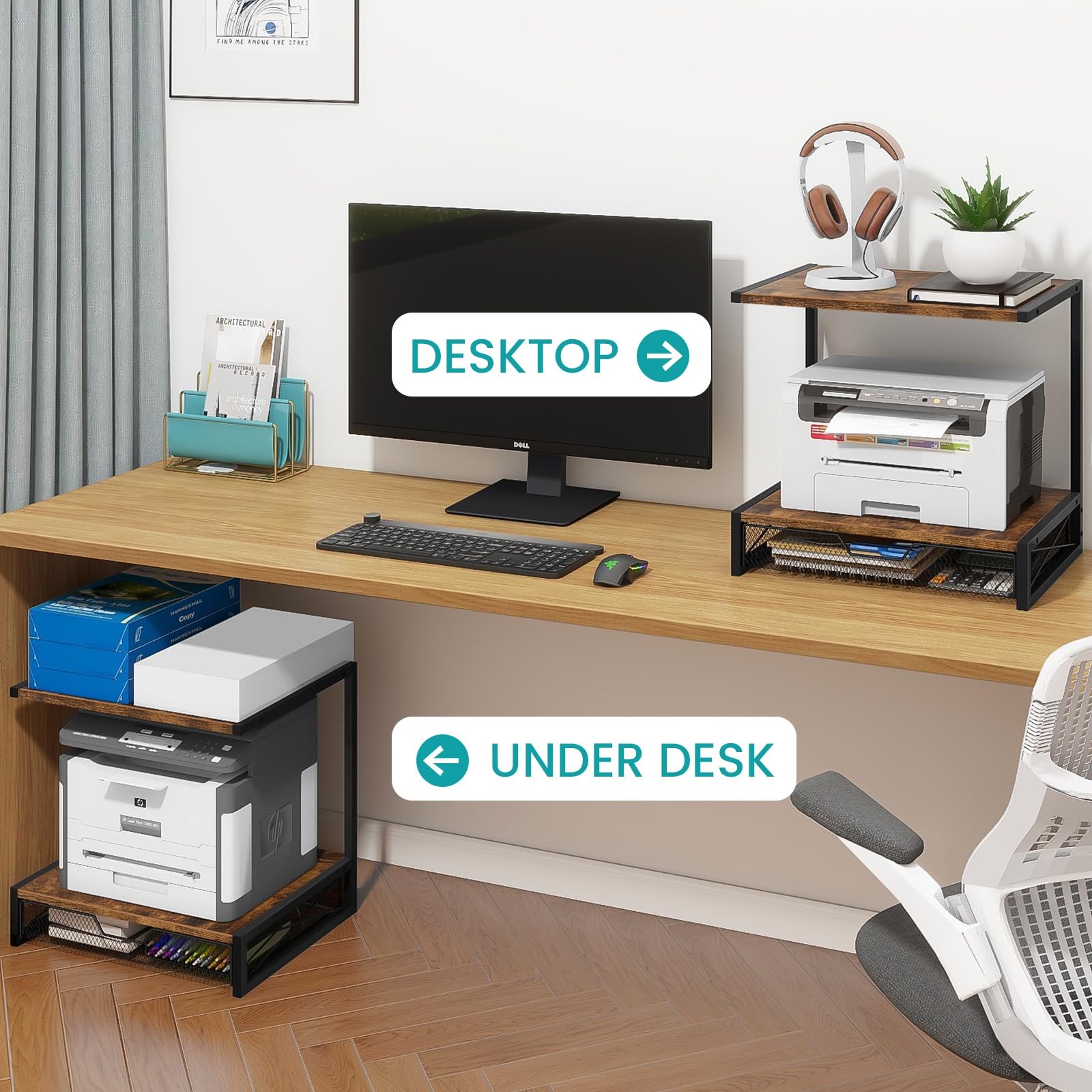 ELITEROO 2-Tier Desktop Printer Stand with Storage Rustic Brown Drawer