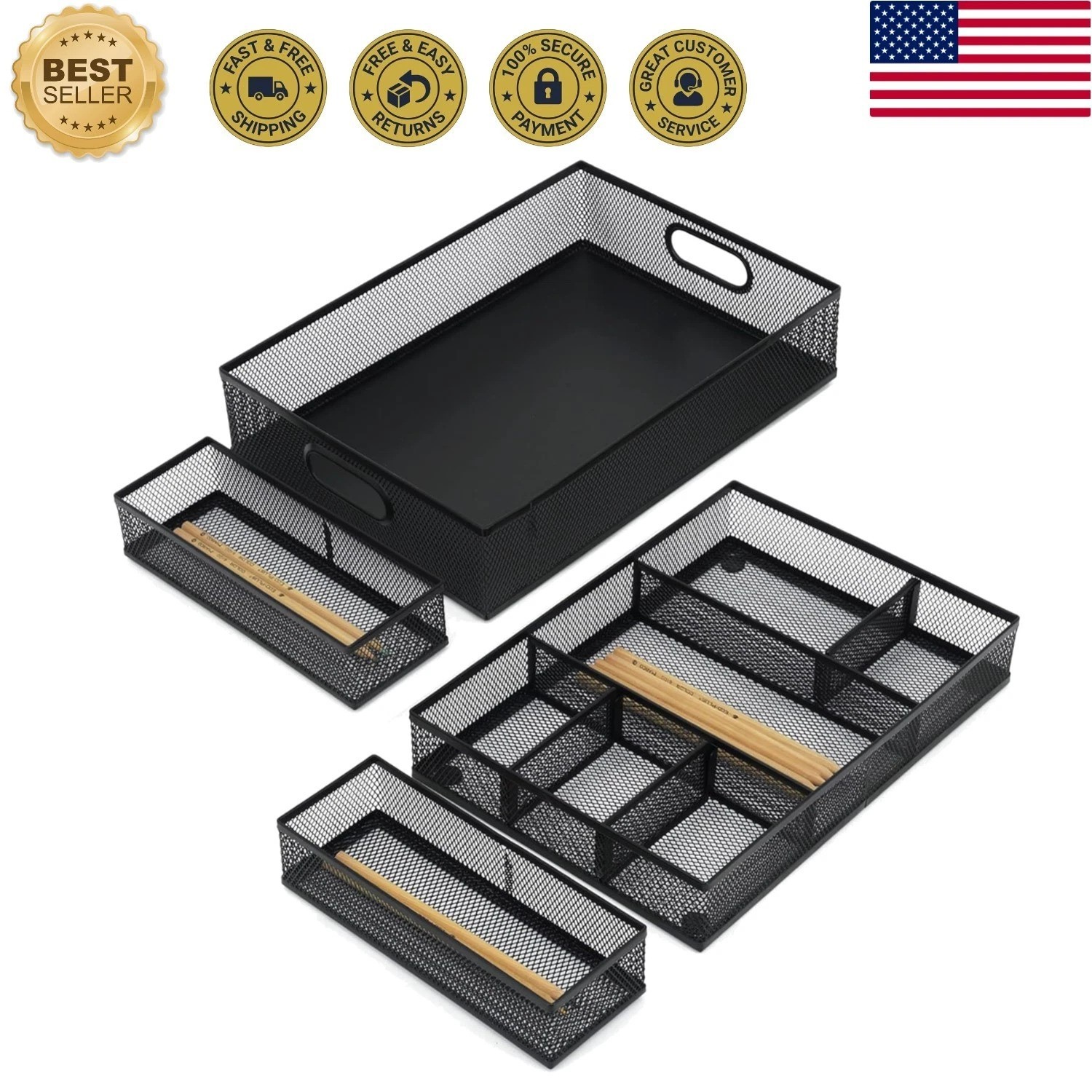 Professional 4 Pack Drawer Organizers with Adjustable Sections for Office Use