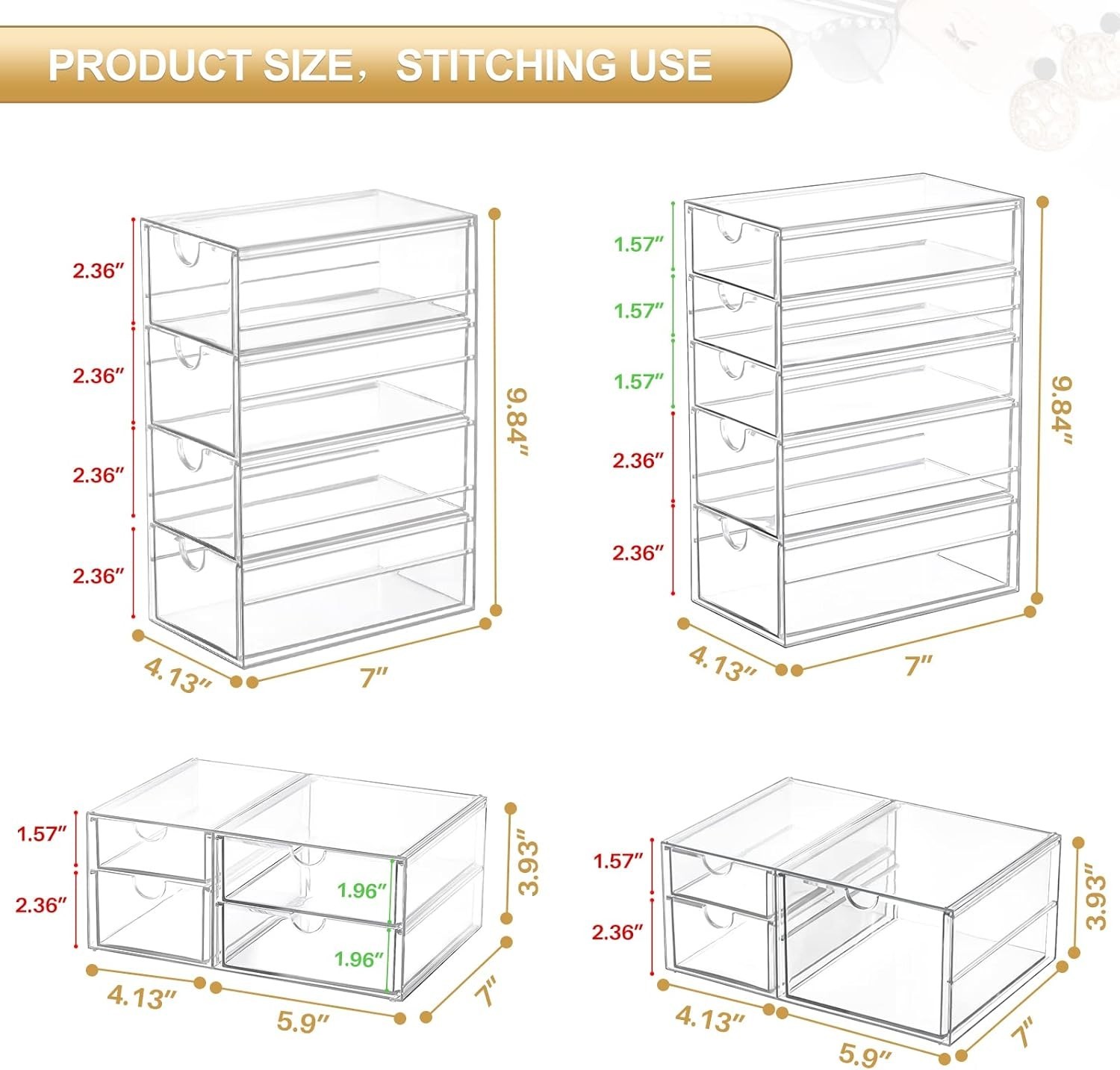 Makeup Organizer Storage With 16 Drawers, 4 Pcs Desktop Office Supplies, Desk