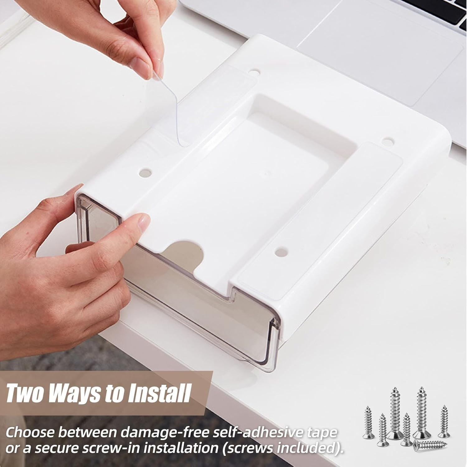2 Pack White Clear Under Desk Storage Drawer Slide Out Adhesive Mount Organizer