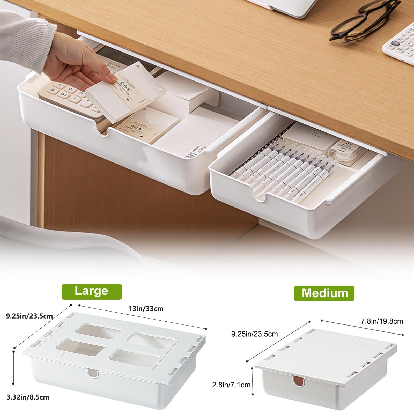 Under Desk Drawer Large Medium Hidden SelfAdhesive Organizers White 2 PCS