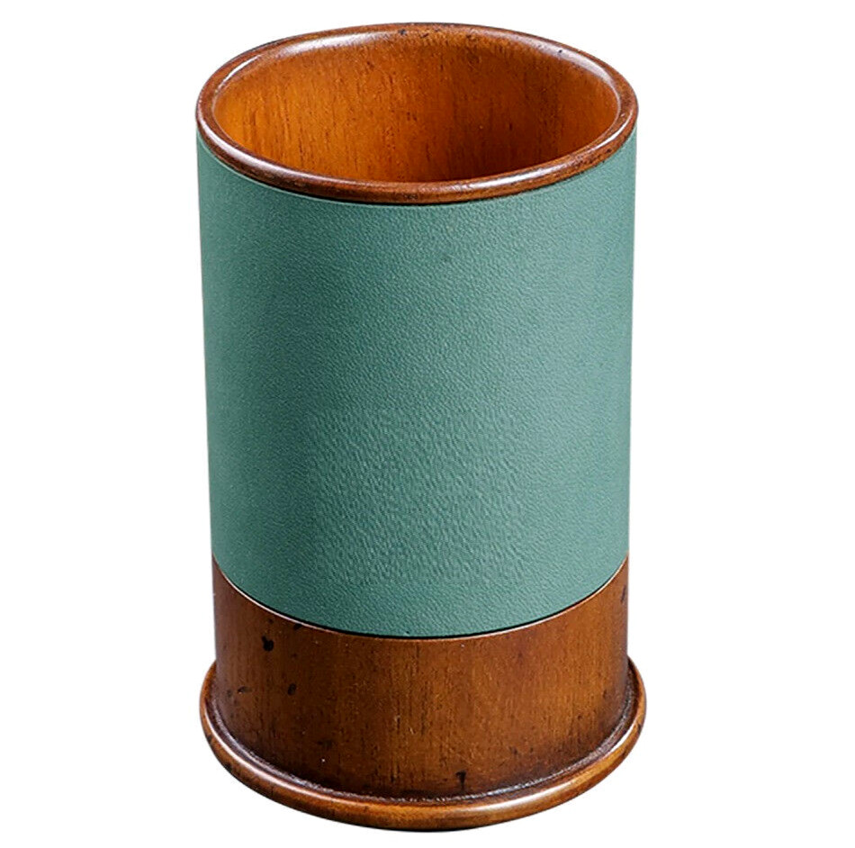 Desktop Pen Stand Blue Leather Wood Holder 4.2″ Pencil Cup Office Desk Organizer