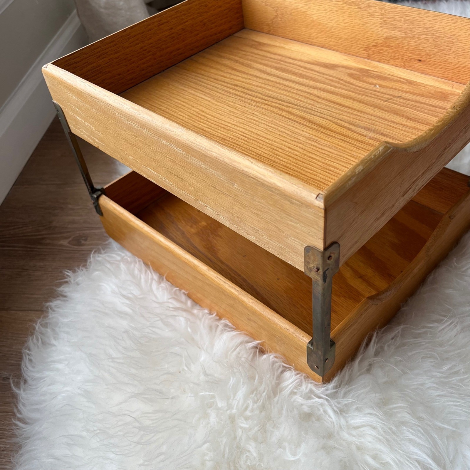 Vintage 2-Tiered Stacking Wood Desk In/Out Box