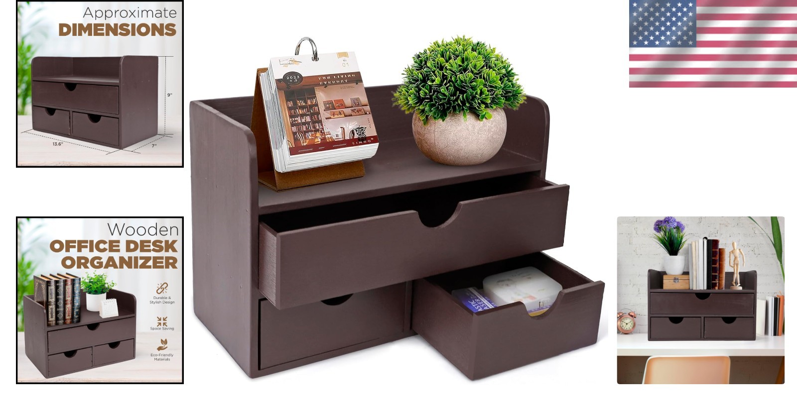 Elegant Vintage Wooden Desk Organizer – 3 Drawers & Top Shelf – Dark Brown