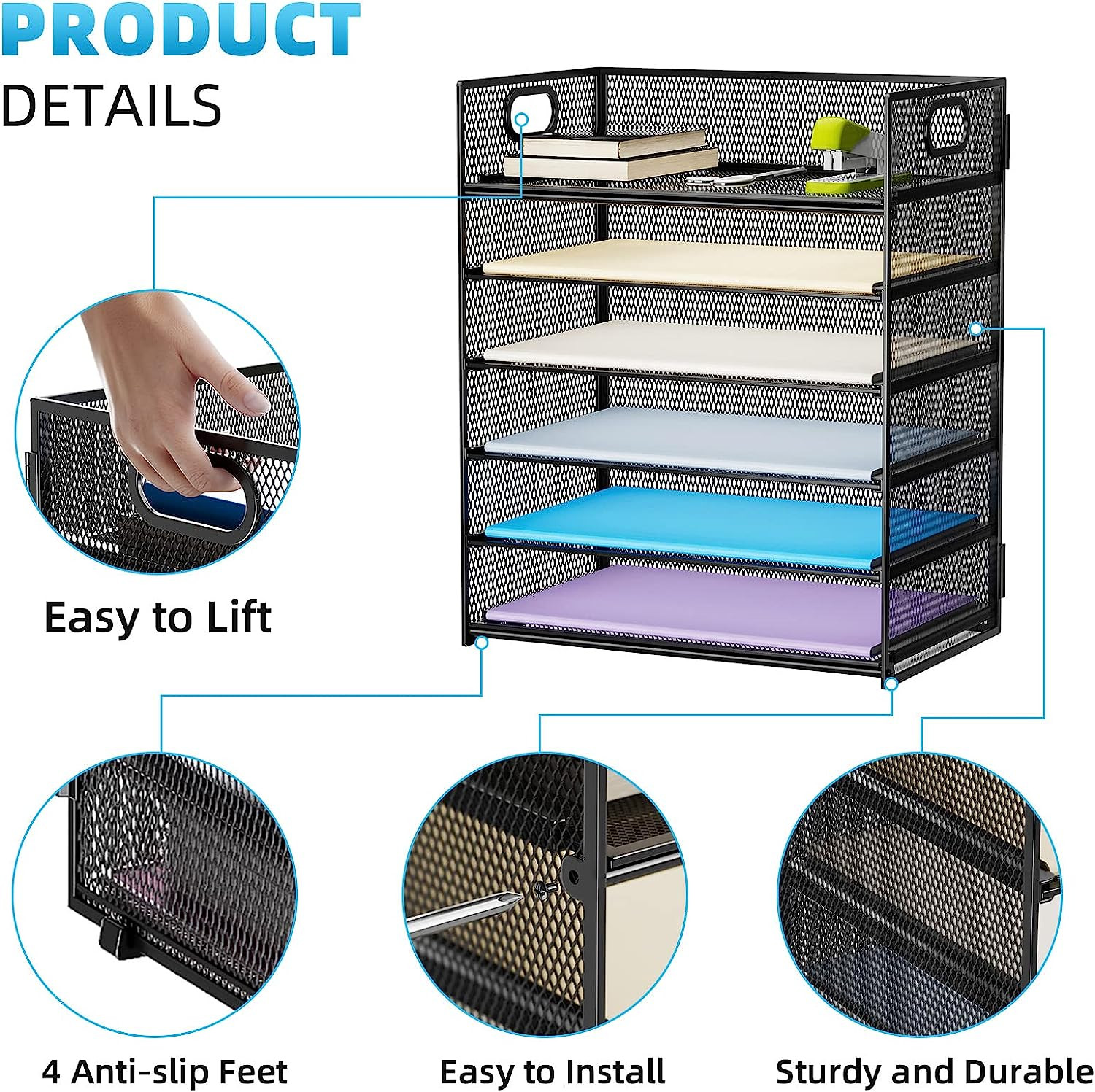 6 Tier Paper Organizer Letter Tray Mesh Desk File Sorter with Handle Black