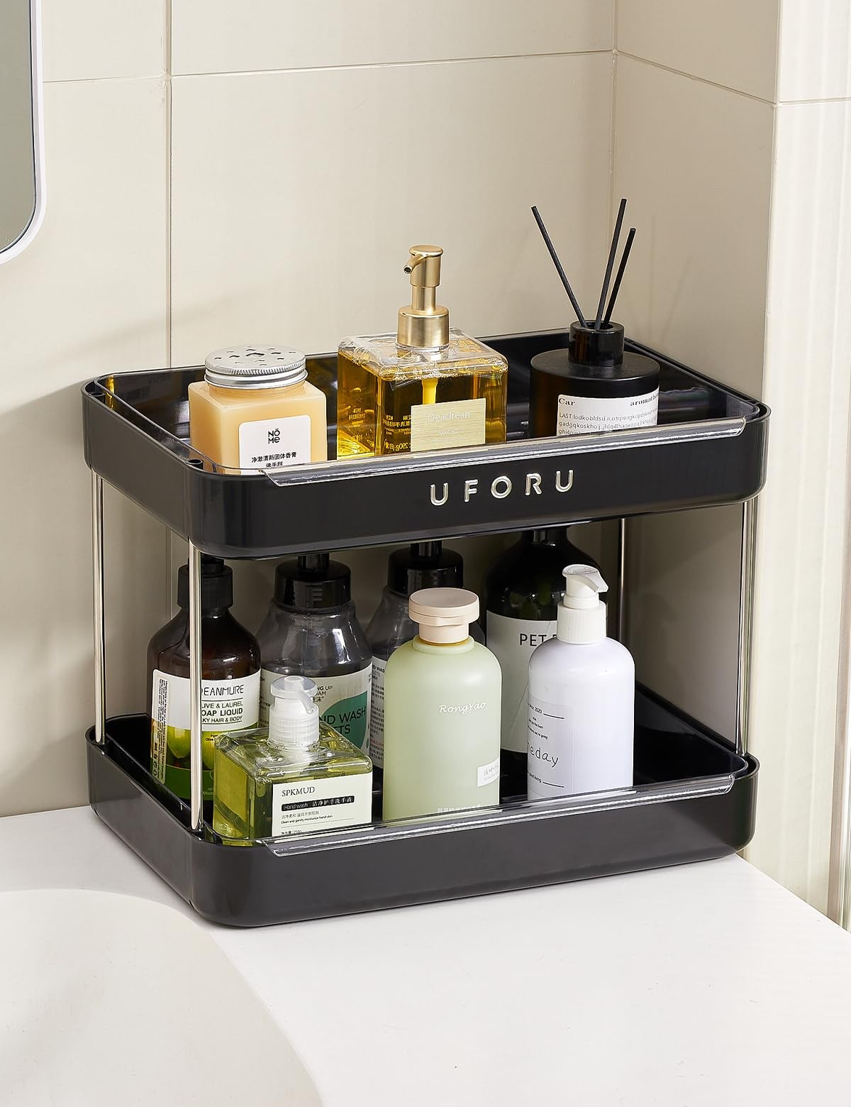 UFORU Countertop Coffee Station Organizer, 2 Tier Wine Glass 2 Tier, Black