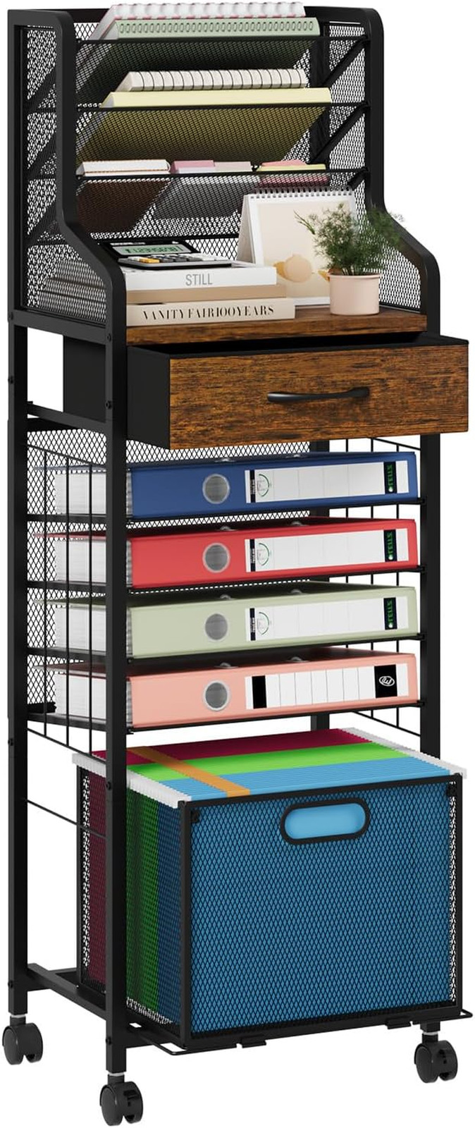 Espresso 10-Tier Rolling File Cart with Drawer & Lockable Wheels for Office Stor