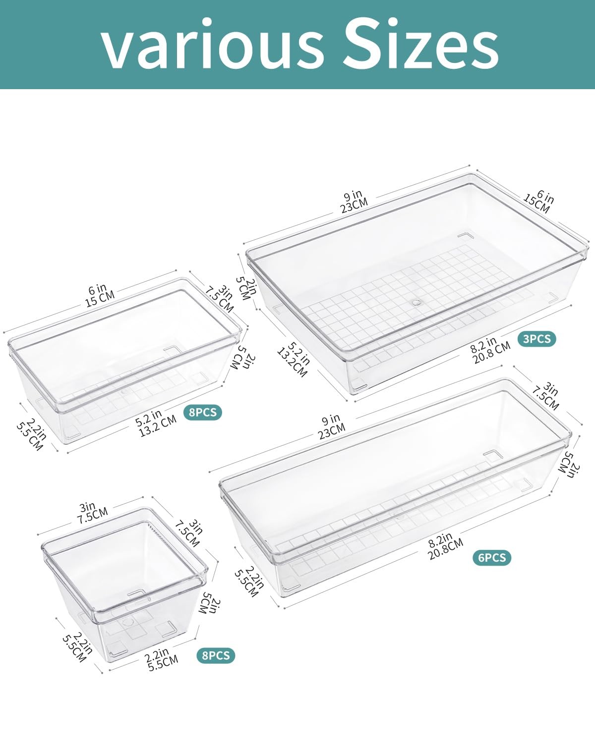 Sodynee Clear Plastic Drawer Organizer Storage – 25Pcs 4 Size Desk Bathroom