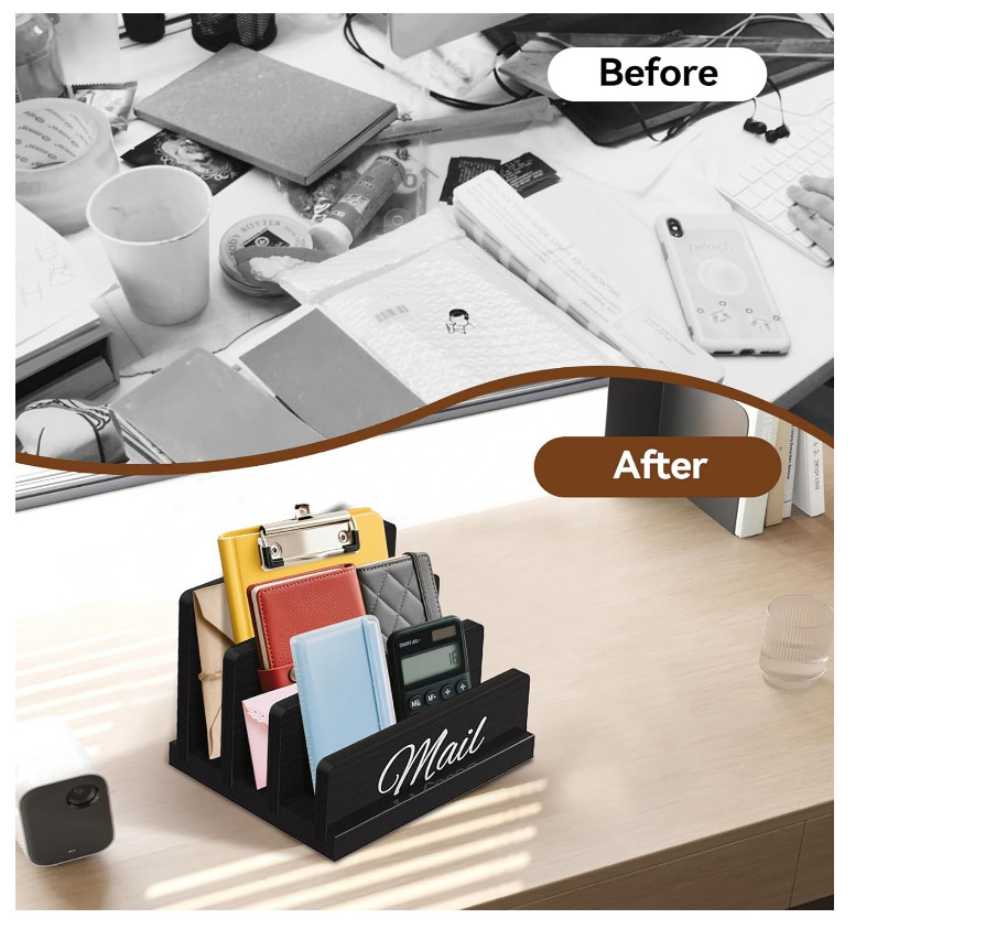 Wooden Desk Mail Organizer, 3-Slot Vertical Letter Sorter Office Desktop Holder