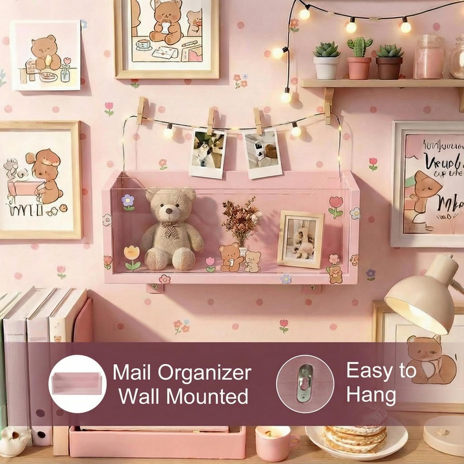 Pink Mail Organizer Clear Acrylic Divider Desk Wall Mount Paper Sorter Decor