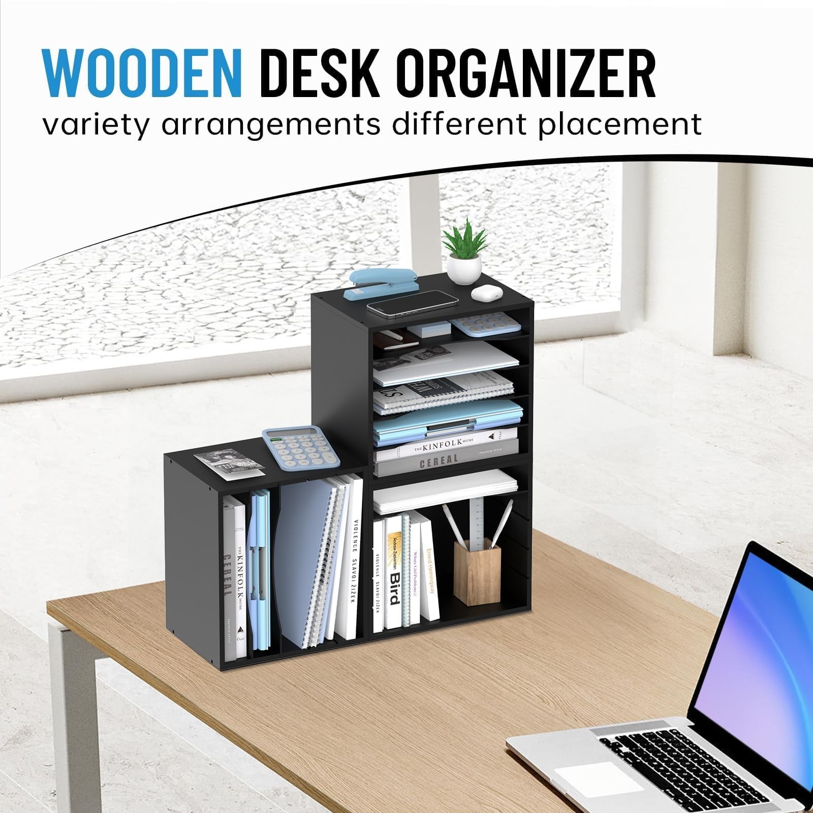 SHARKWOODS 5-Tier Wood Desk Organizer, Paper Tray Organizer for 5 Tier, Black