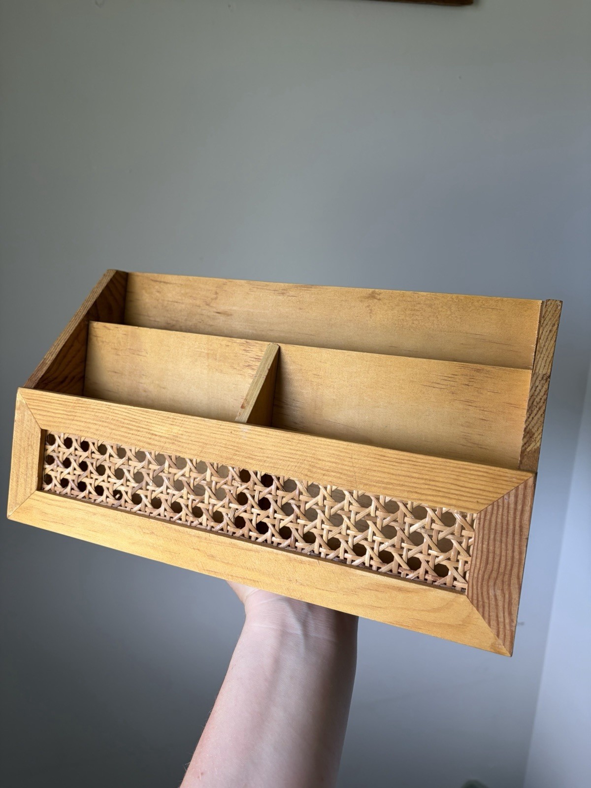 Wood Desktop Organizer Mail Letter Sorter, 3 Compartments, Woven Front Panel