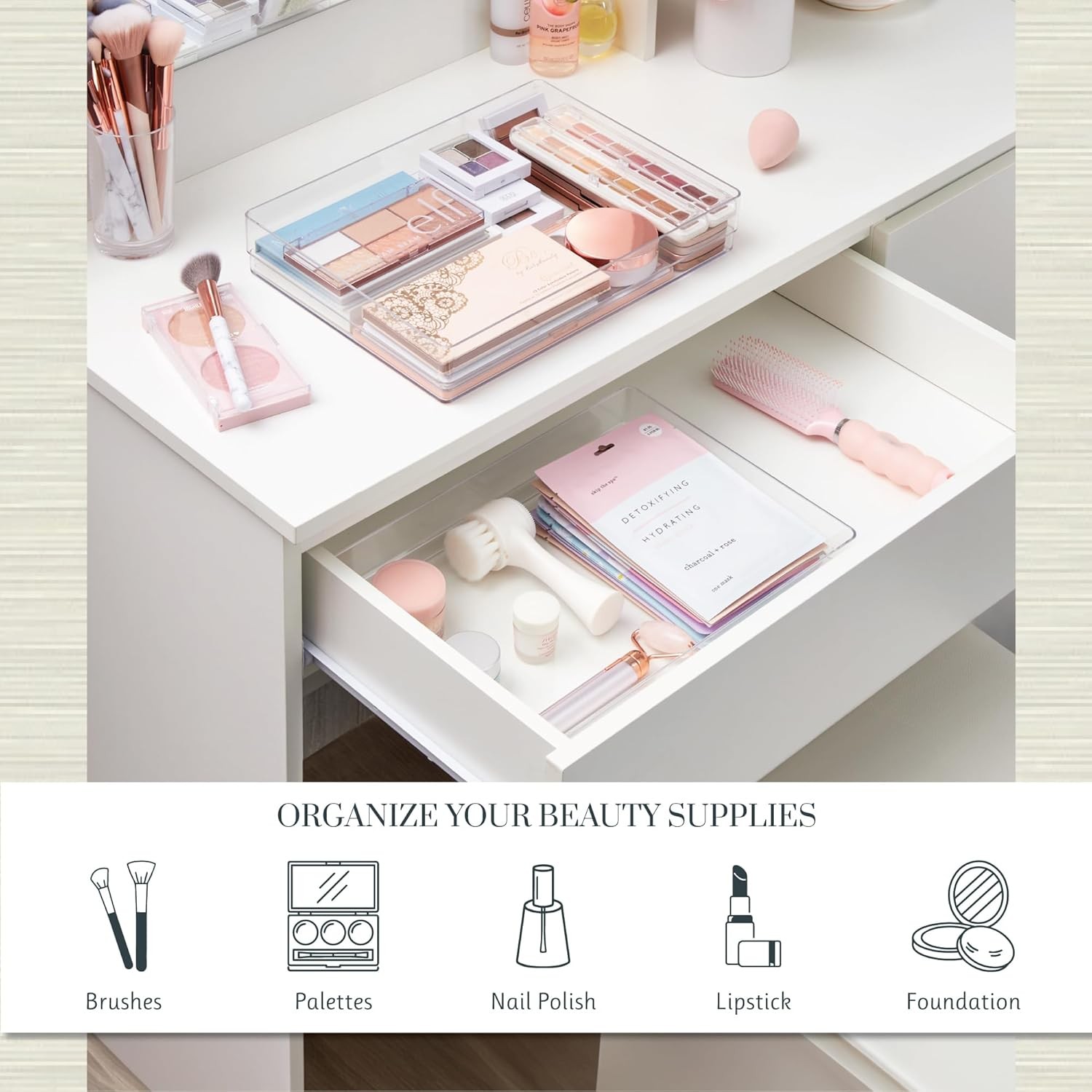 SimpleSort 2-Piece Stackable Clear Drawer Organizer Set 12″ x 9″ x 2″ Rectangle