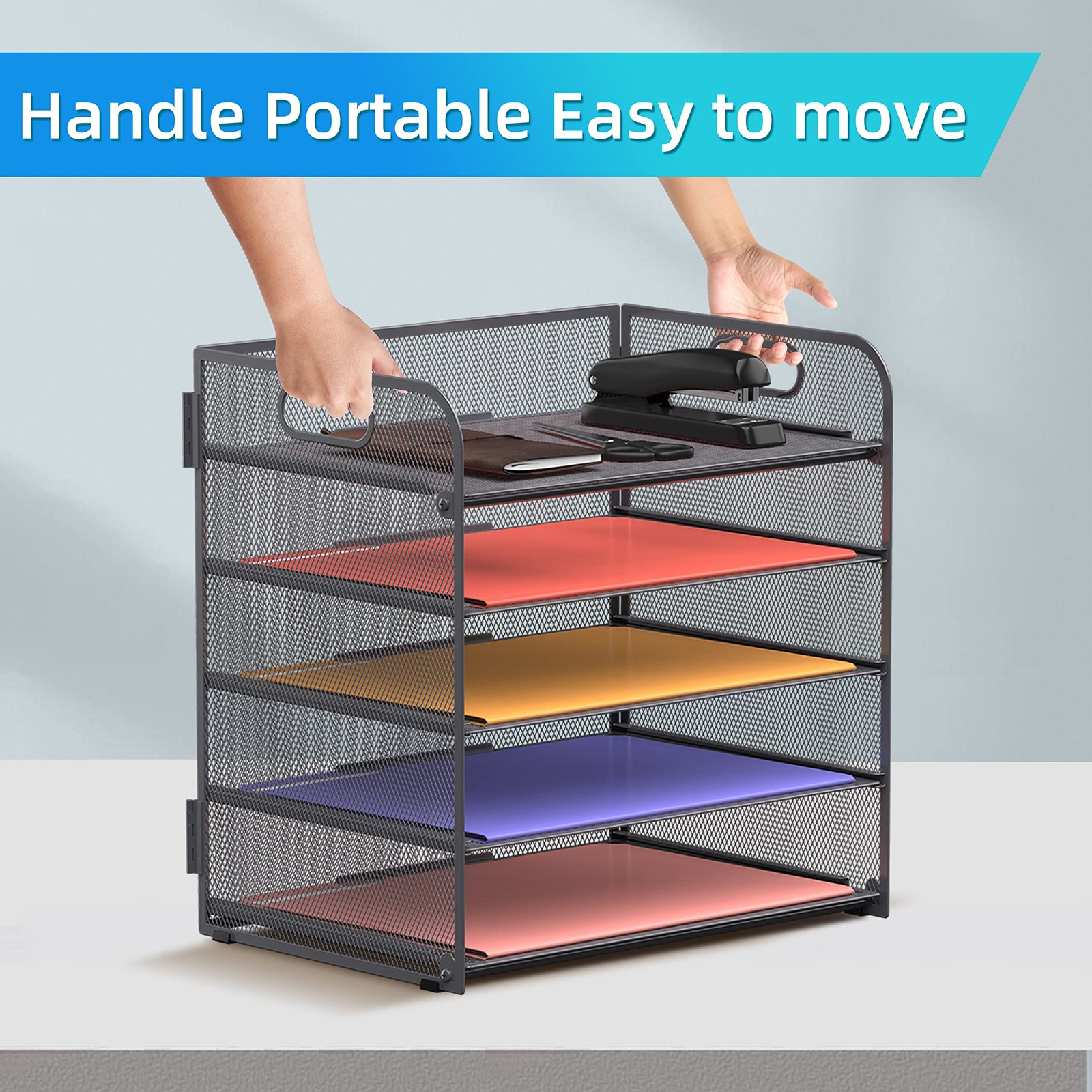 5Tray Mesh Desk Organizer with Handle, Grey Paper Sorter