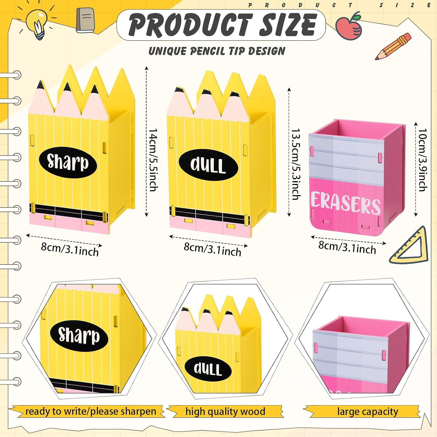 3 Pcs Sharp and Dull Pencil Holder Eraser Buckets Wooden Shaped Dispenser for Ba
