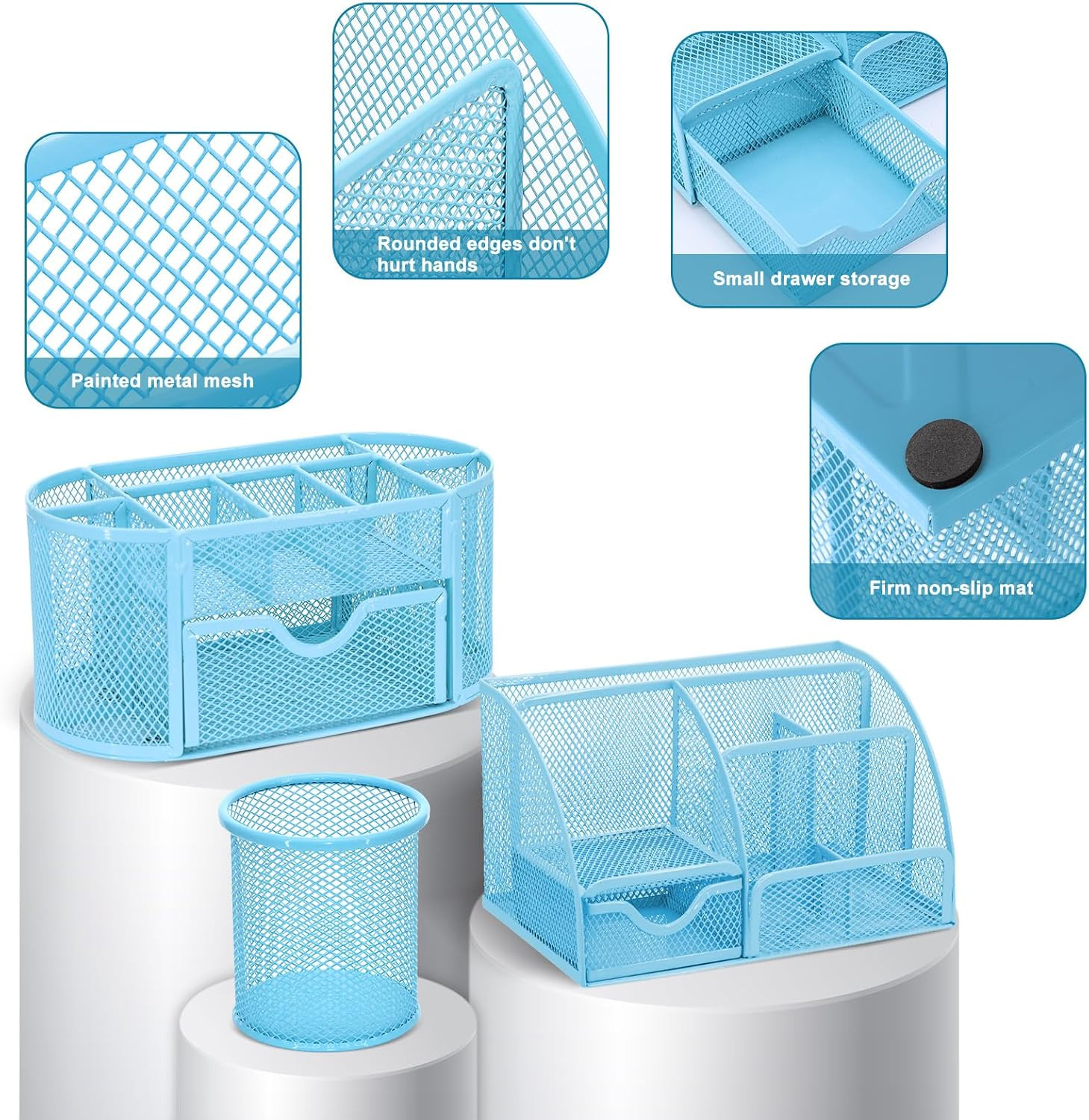 17 in 1 Blue Desk Organizers and Accessories Set, 3 Office Desk Supplies Storage
