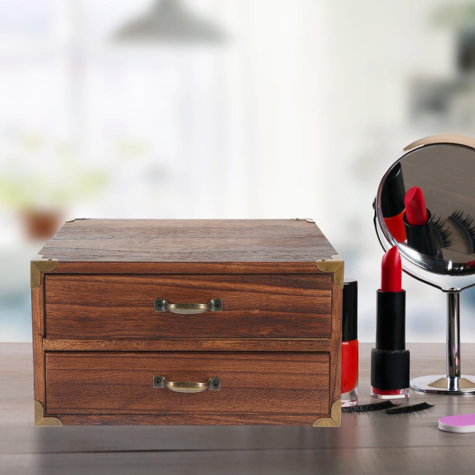 Alipis 2 Drawer Wooden Desktop Organizer – 24.00X18.00X13.00CM, Coffee 1