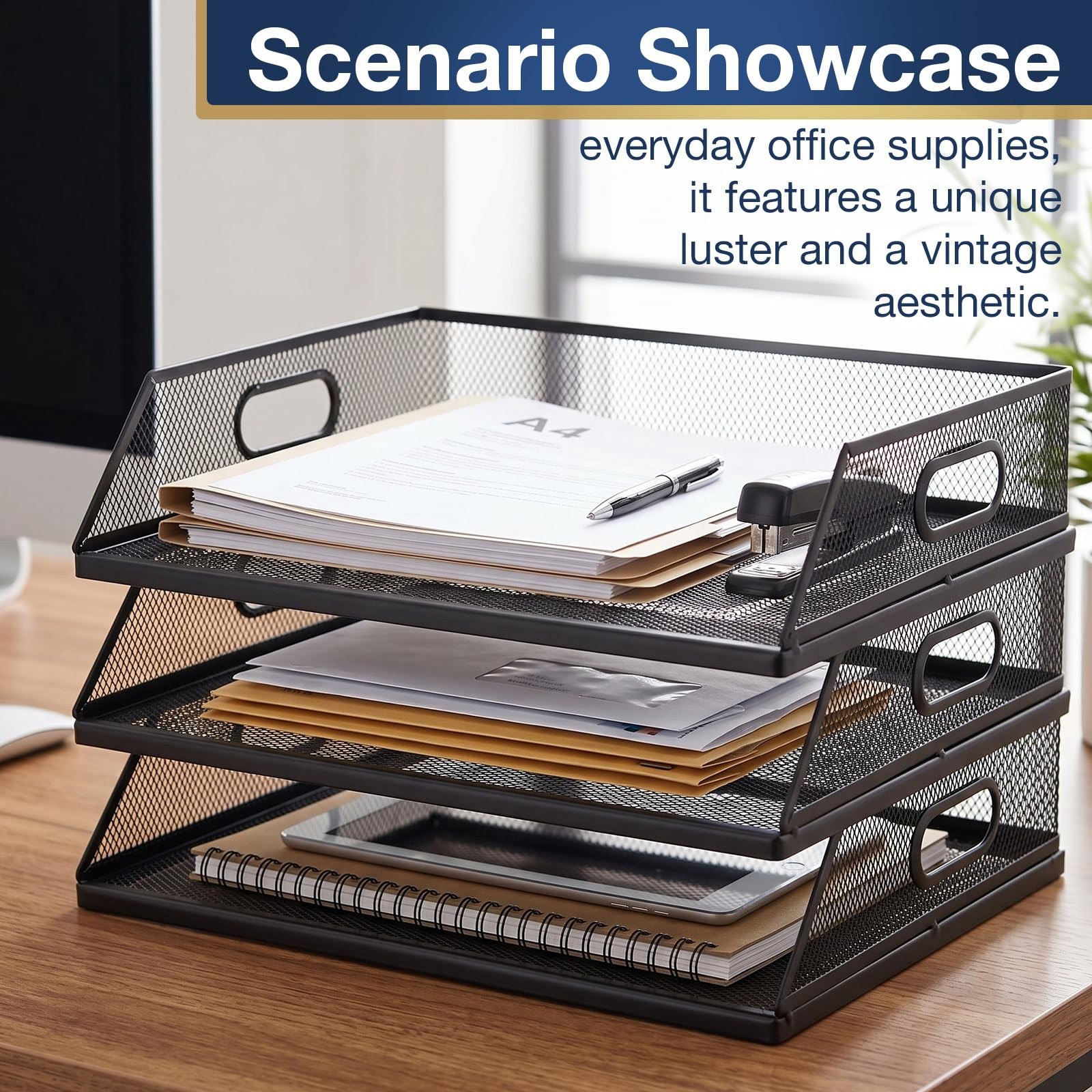 3 Pcs Paper Organizers Metal Mesh Desk Organizer Stackable Desk Tray Single W…