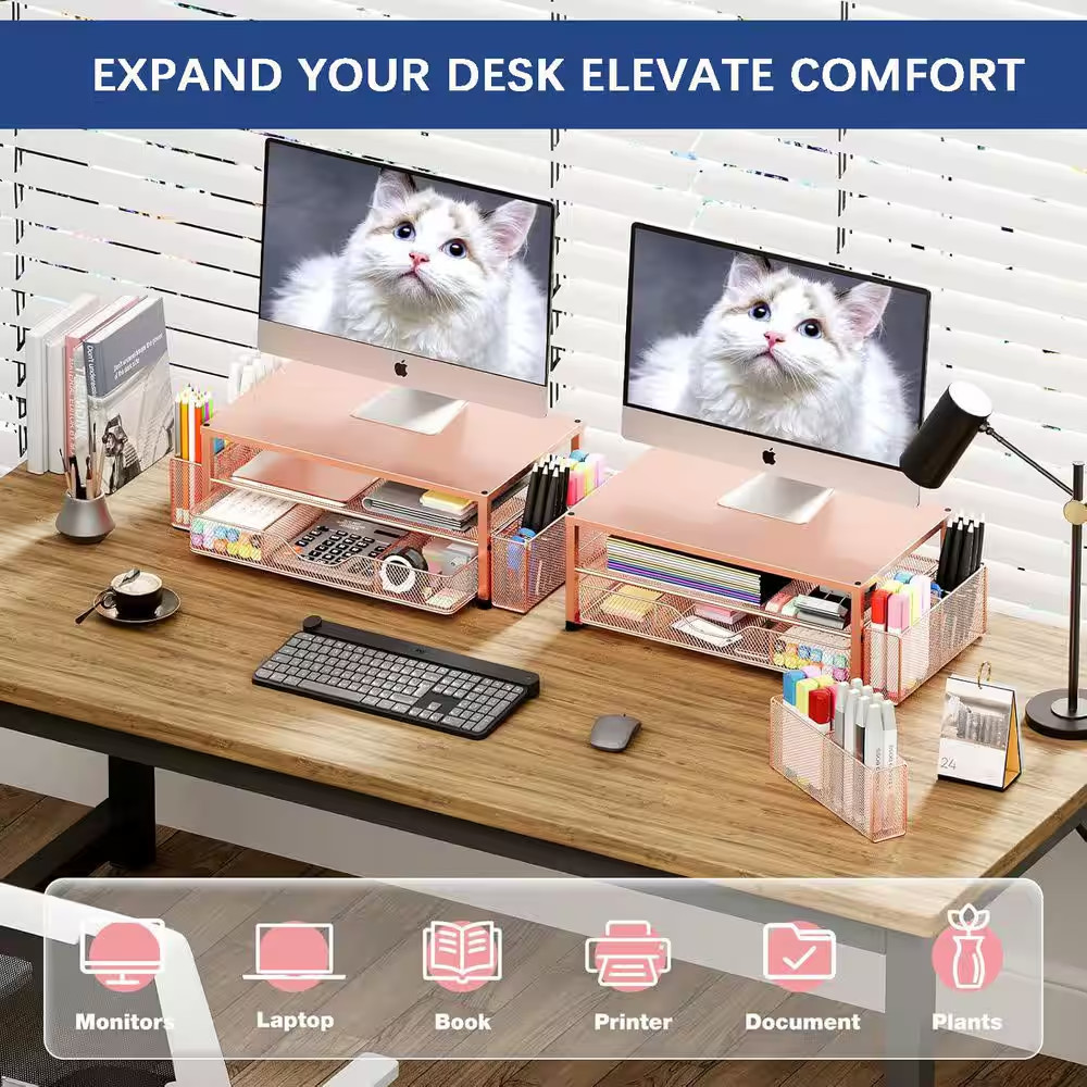 Gold 15.5 In. X 6.3 In. Metal Modern Desk Organizers with Drawer and 2 Pen Holde