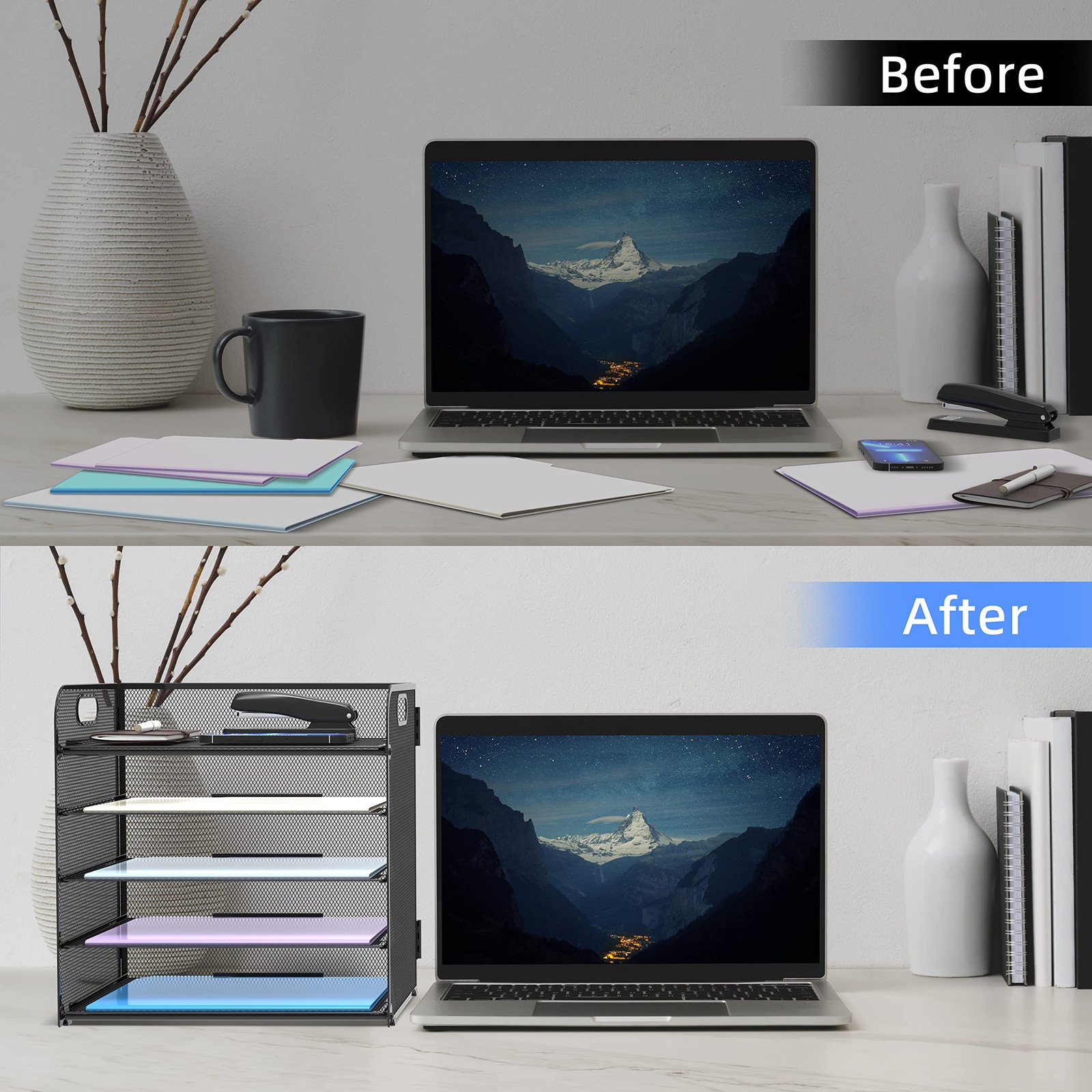 Mesh Desk File Organizer with Five Trays and Handle Paper Sorter for Office