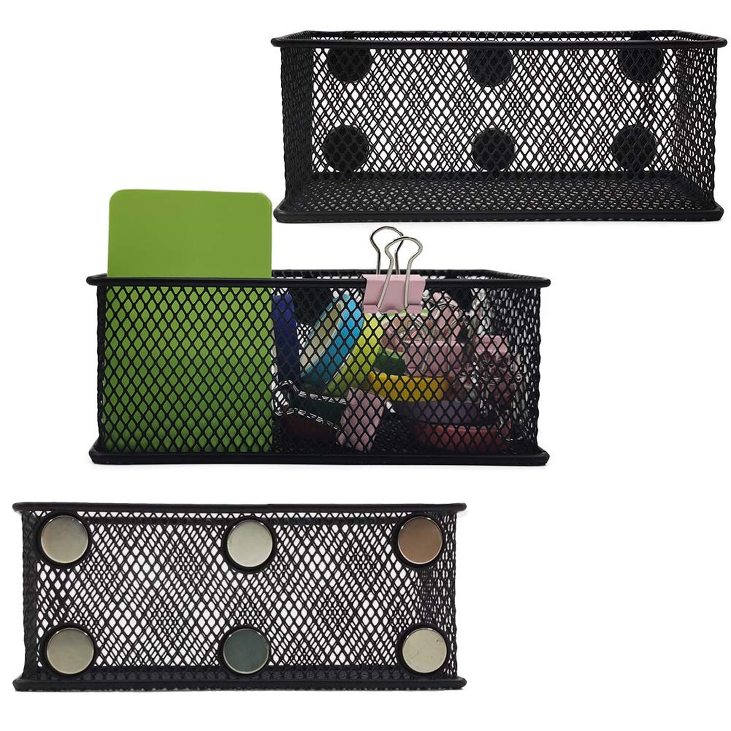 EASEPRES Magnetic Pencil Holder Set of 3 – Black Wire Mesh Storage Baskets Or…