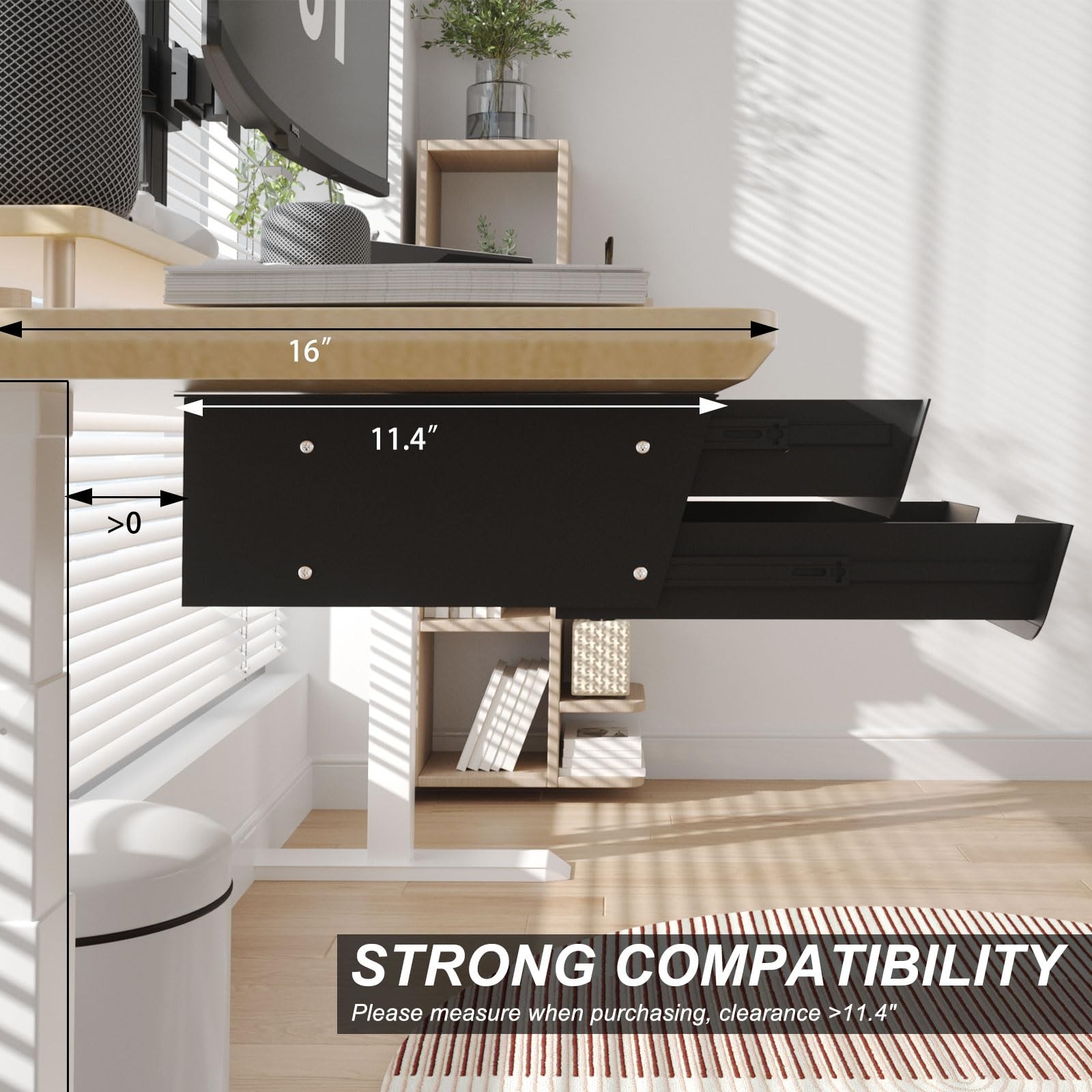 Under Desk Mounted Sliding Double Layer Drawer with Tilt Panel to Pull Black