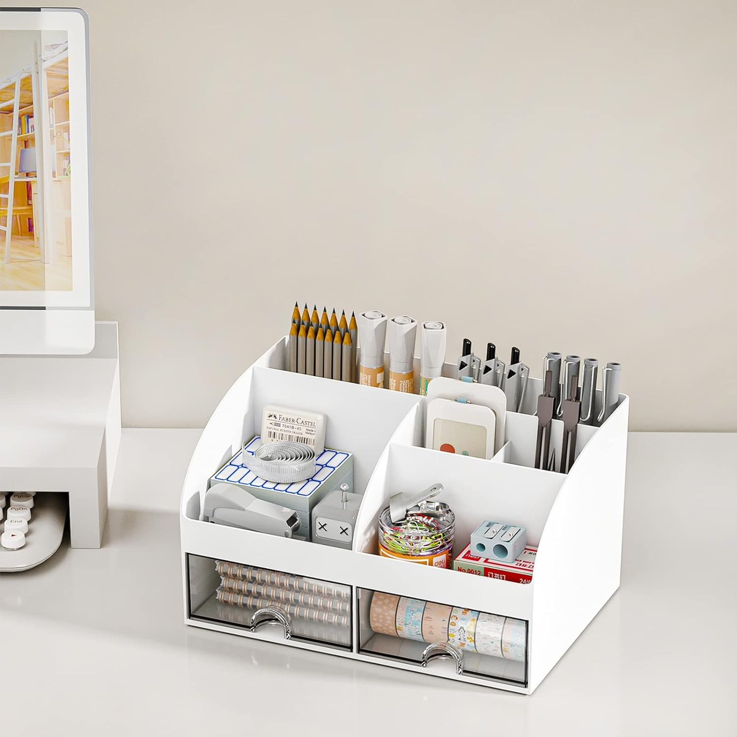 Desk Organizer with Drawers 6 Compartments Pen Holder Makeup Storage White