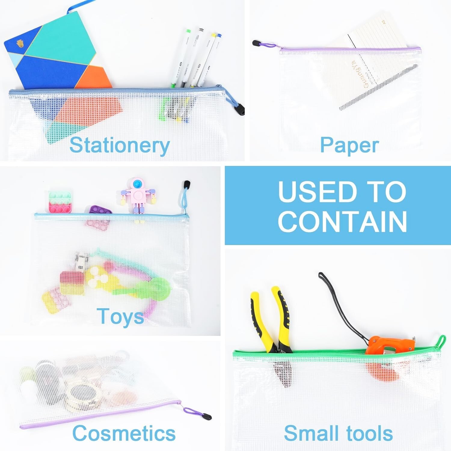 30 Pcs Mesh Zipper Pouch Bags A4 Size Waterproof File Bags with 10 Colors New