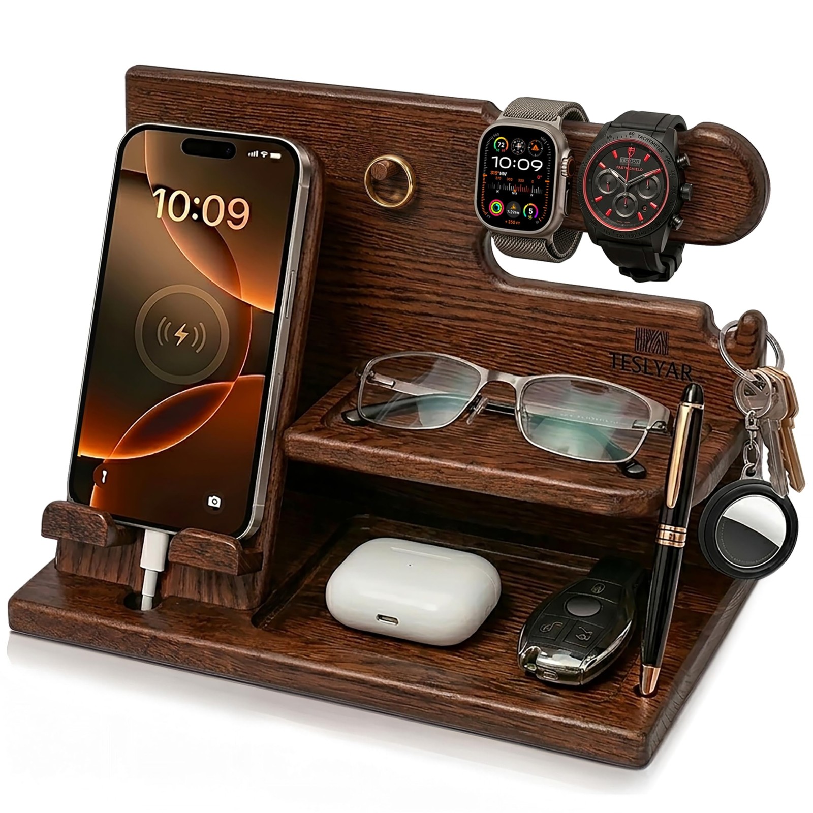 TESLYAR Wood Phone Docking Station for Men – Desk or Nightstand Bourbon Brown