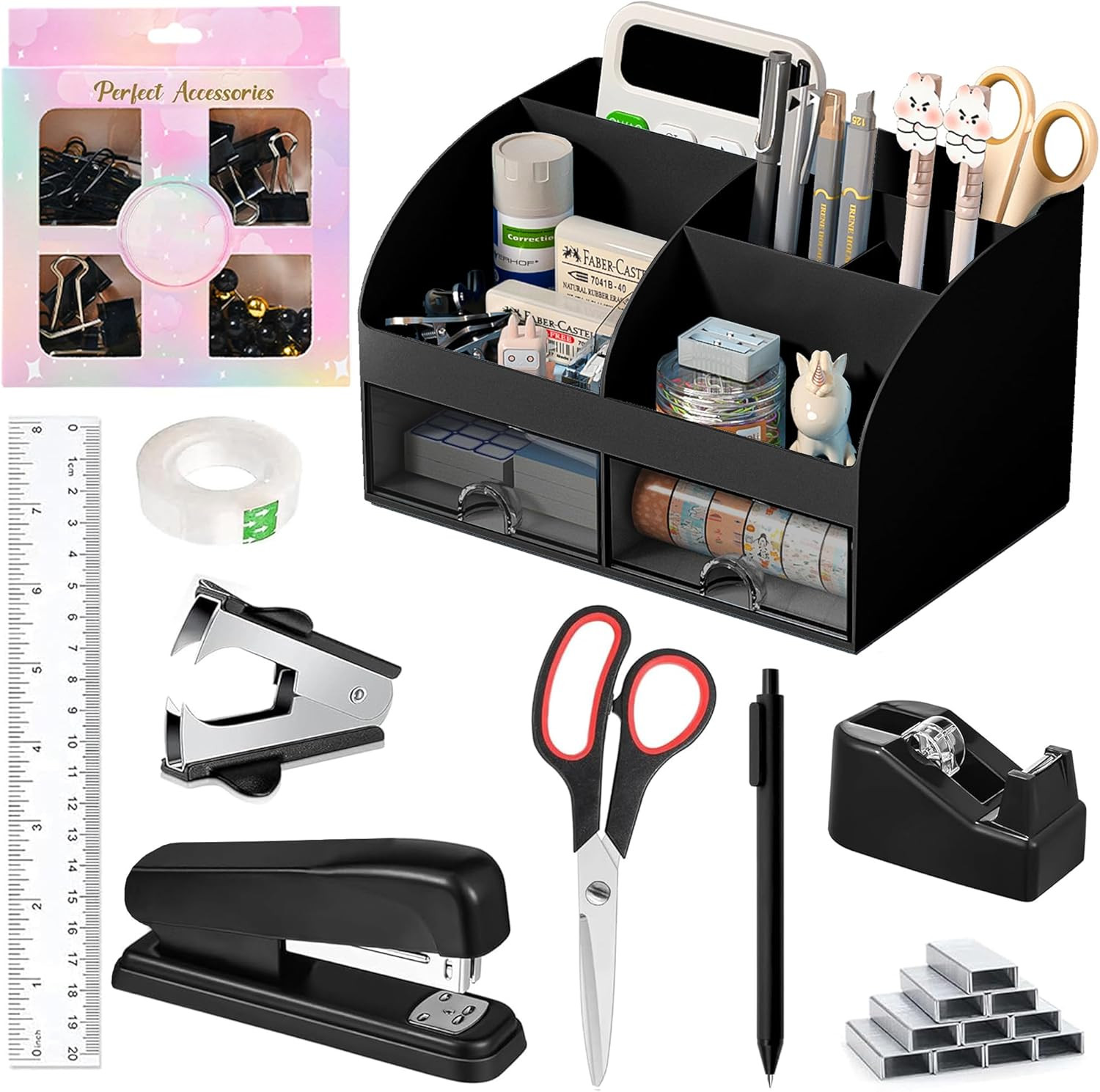 Black Desk Organizer Set with Pen Holder and Essential Office Supplies