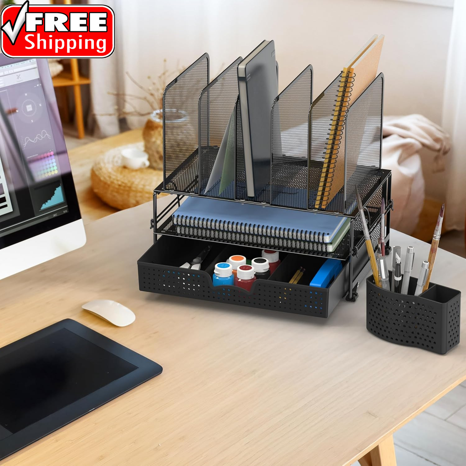 Mesh Desk Organizer with Sliding Drawer, Double Tray and 5 Upright Sections, Bla
