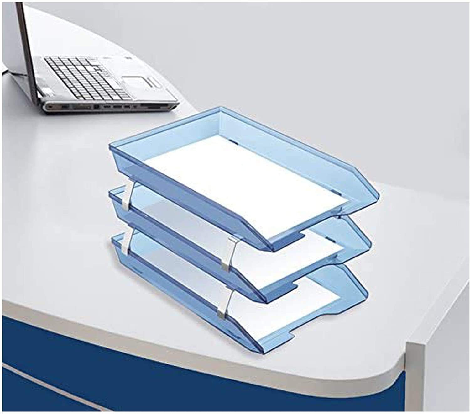 3 Tier Letter Tray Front Load Letter Size A4 Desktop File Organizer Clear Blue