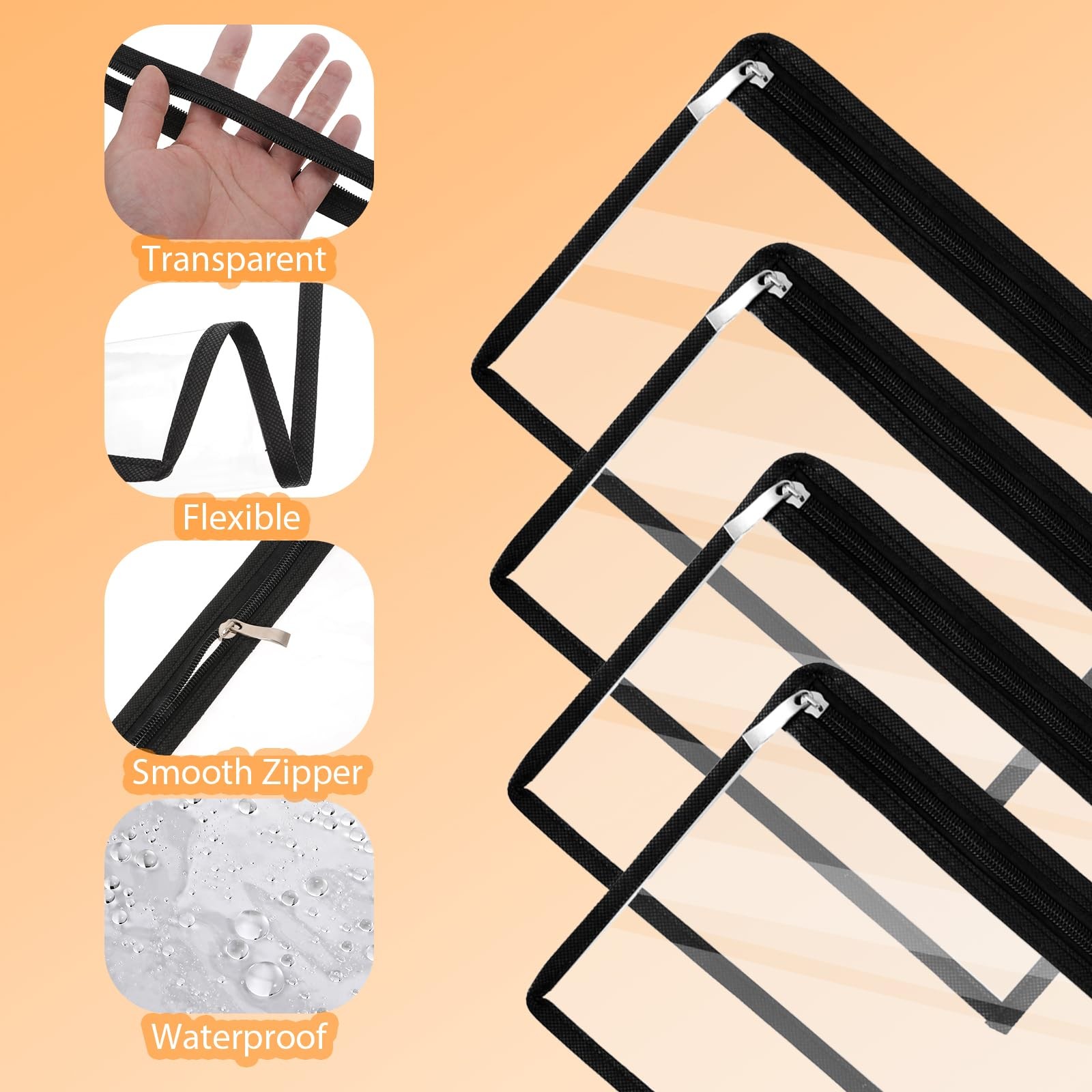 20 Pcs Black Edge 11.4×7.5 In Large Clear PVC Zipper Pencil Document Pouches Set