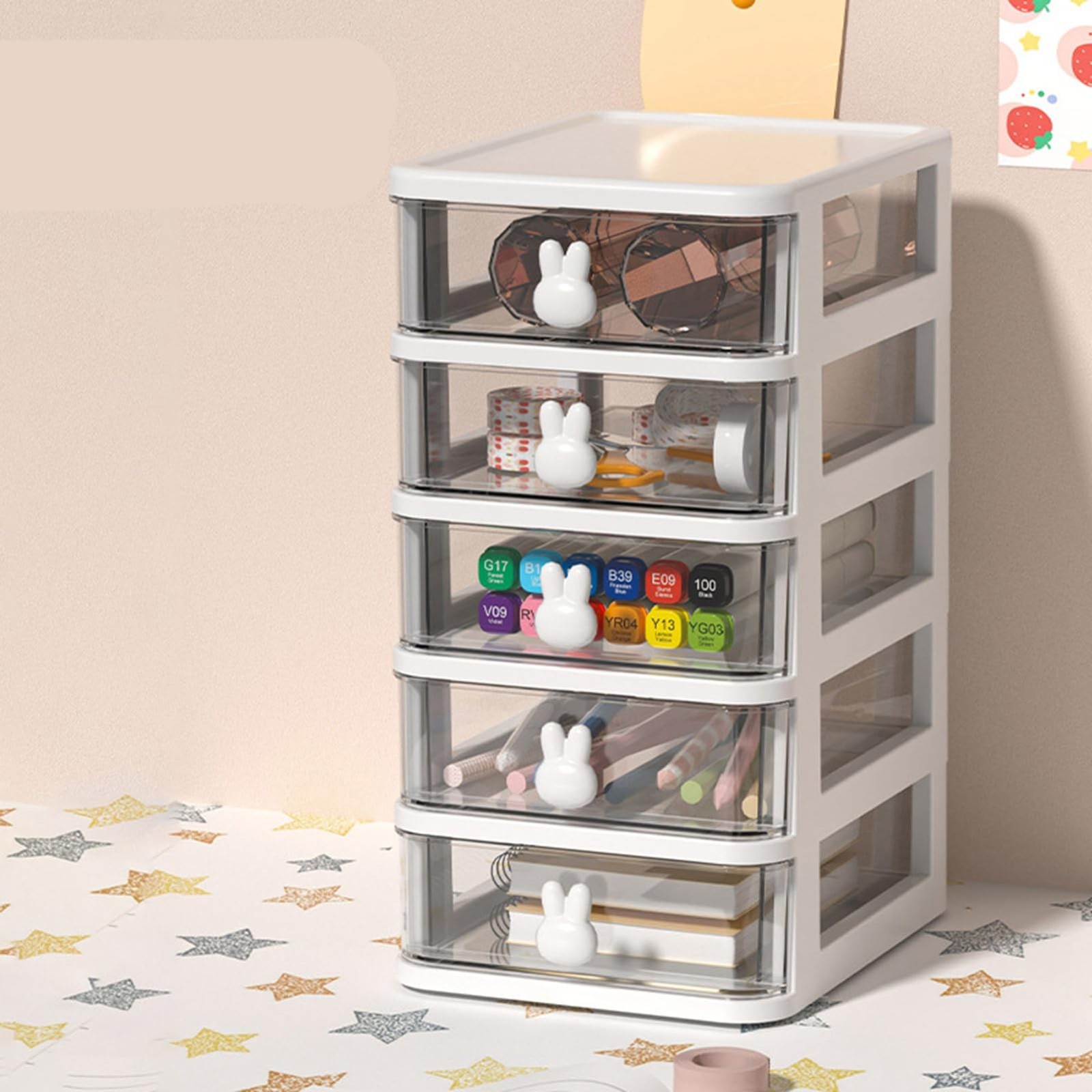 Glomora 5-Tier Desk Storage Box, Transparent Plastic Organizer #414, White