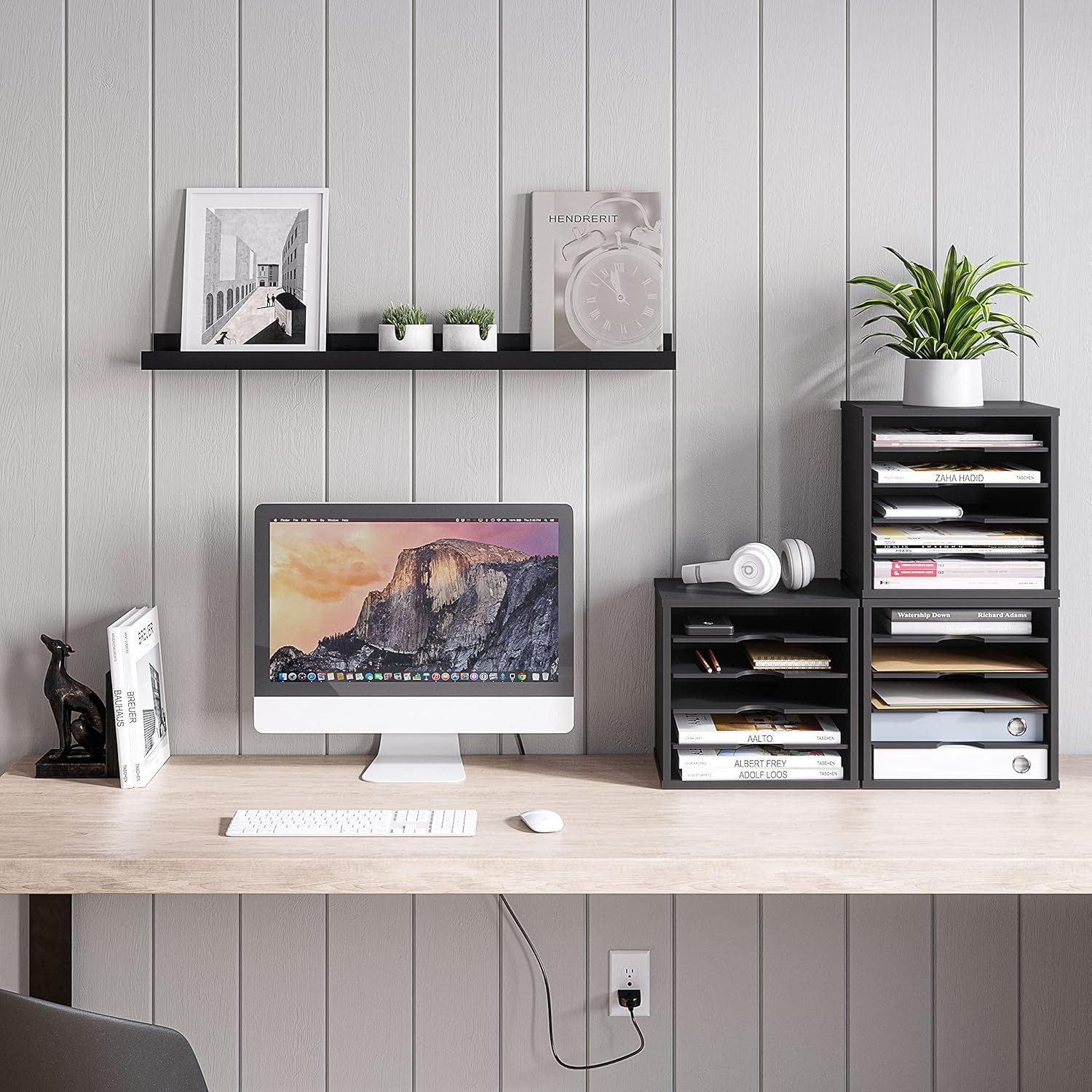 5 Tier Wooden Desk File Organizer Adjustable Paper Tray Mail Sorter Black
