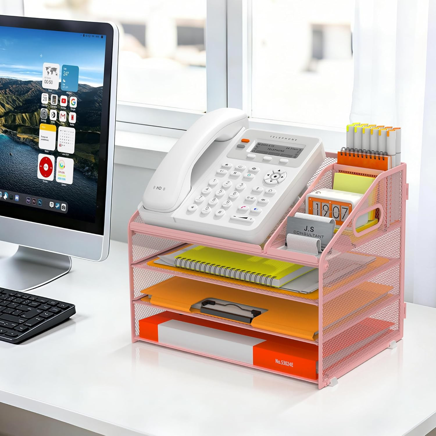 4 Tier Metal Mesh Letter Tray – Space Saving Desk File Organizer with Handle, Pe