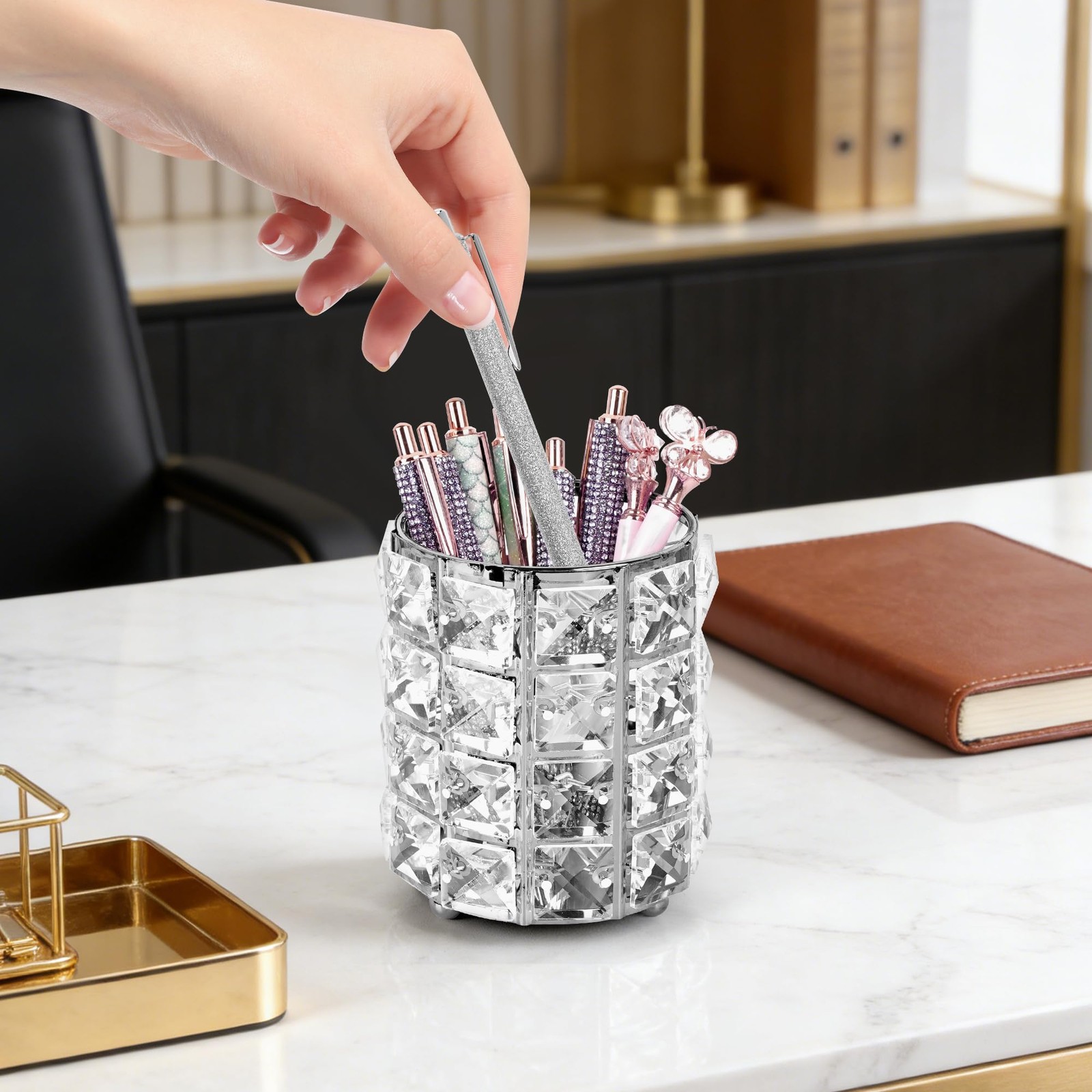 Crystal Pen Holder, Silver