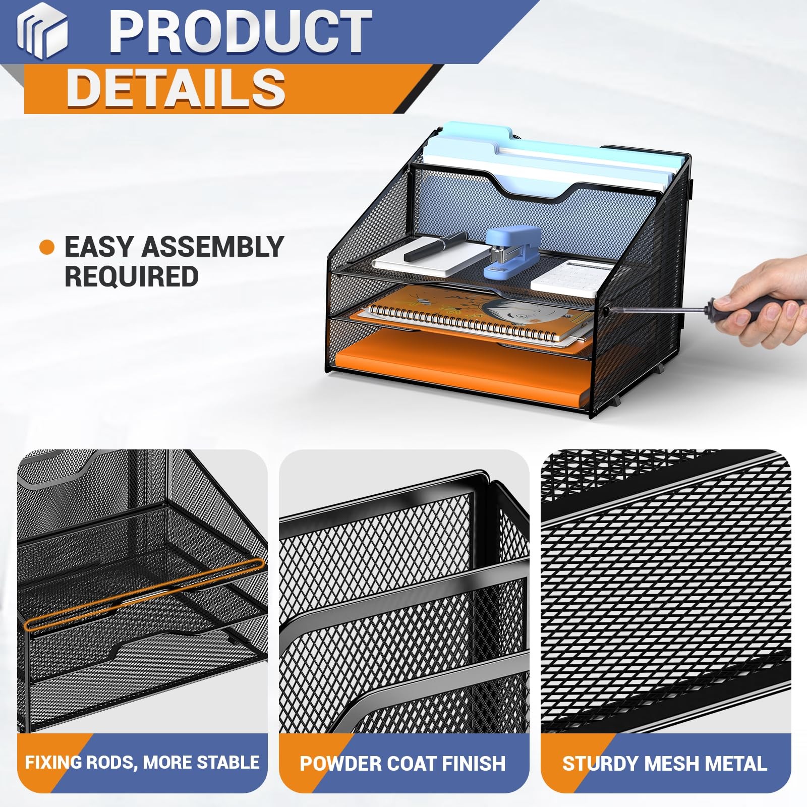 Gold Mesh Desk Organizer with 3 Trays, 2 Upright File Sections