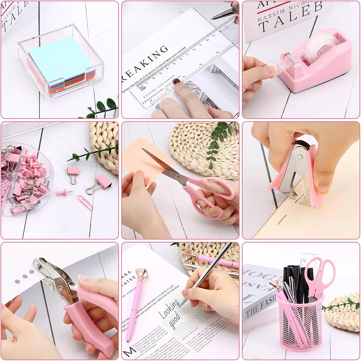 17 in 1 Pink Desk Organizers and Accessories Set, 3 Office Desk Supplies Storage