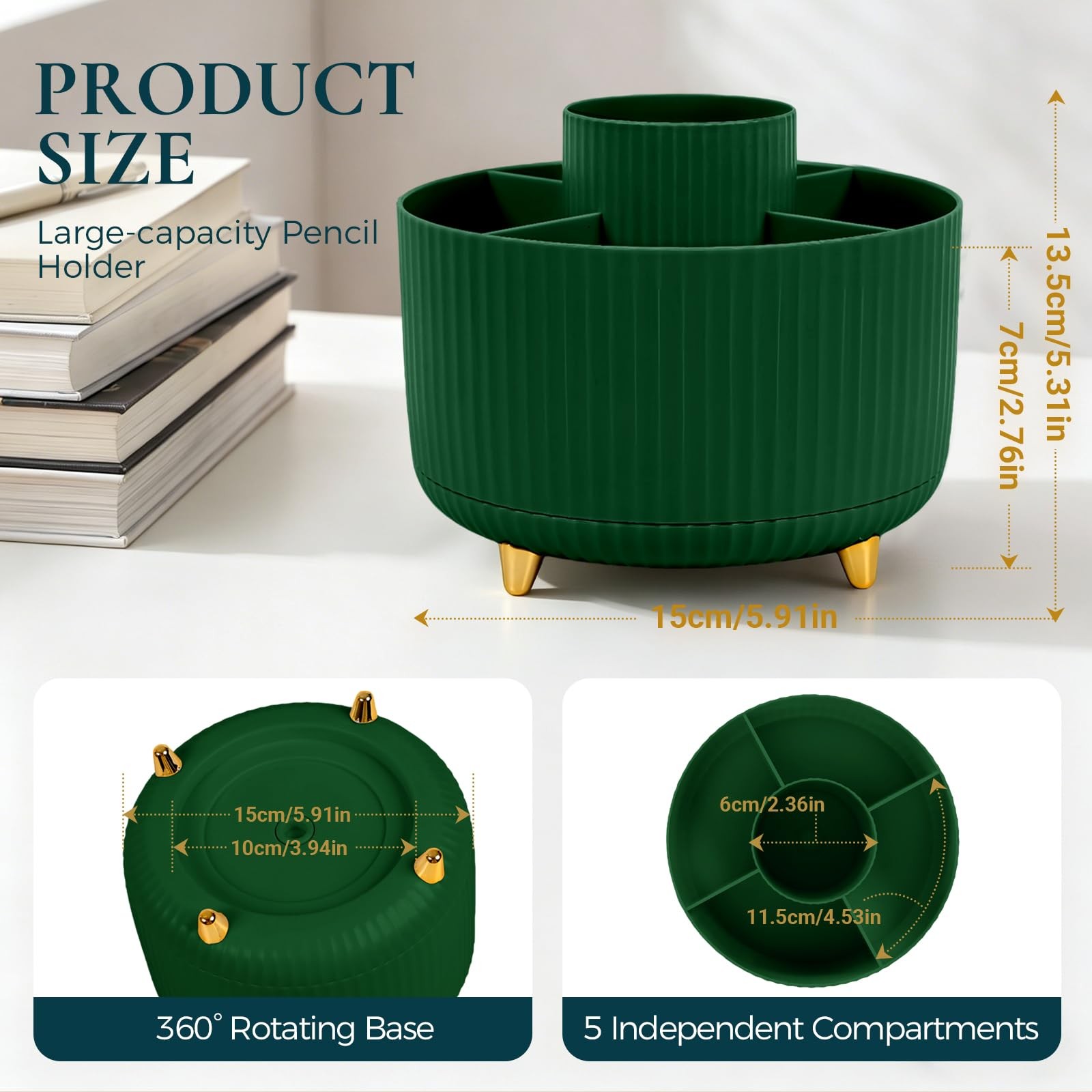 Pencil Pen Holder for Desk, 5 Slots 360-Degree Rotating Desktop Organizer, Cu…