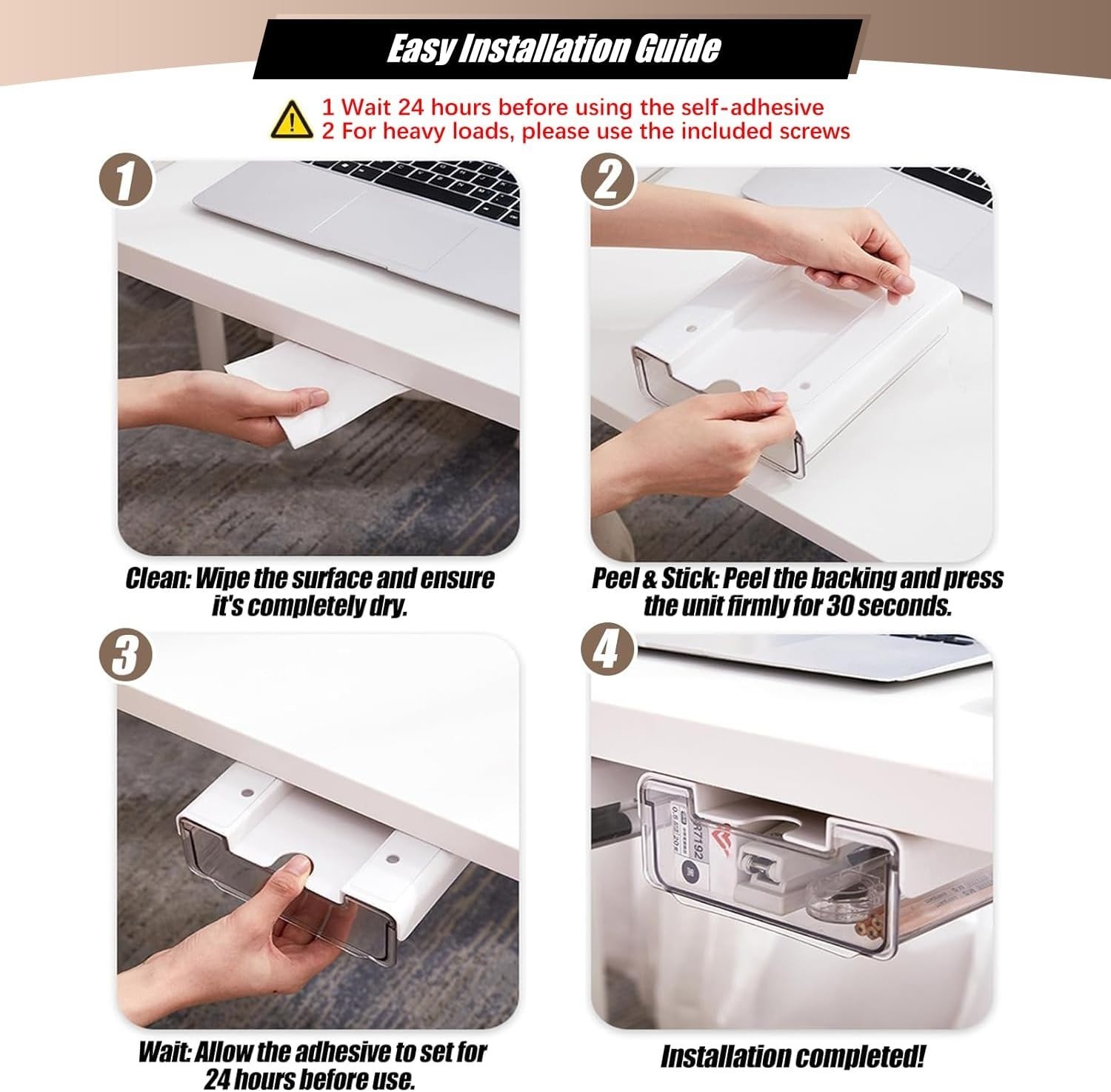 2 Pack White Clear Under Desk Storage Drawer Slide Out Adhesive Mount Organizer