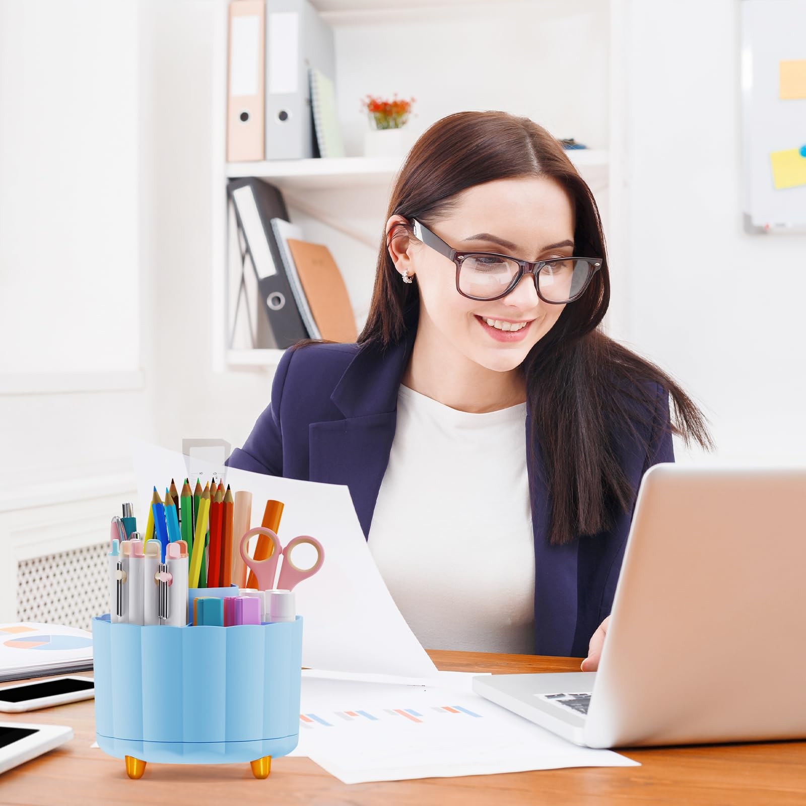 IVEETTY 360 Degree Rotating Pen Holder for Desk, 6 Slots Desktop Blue