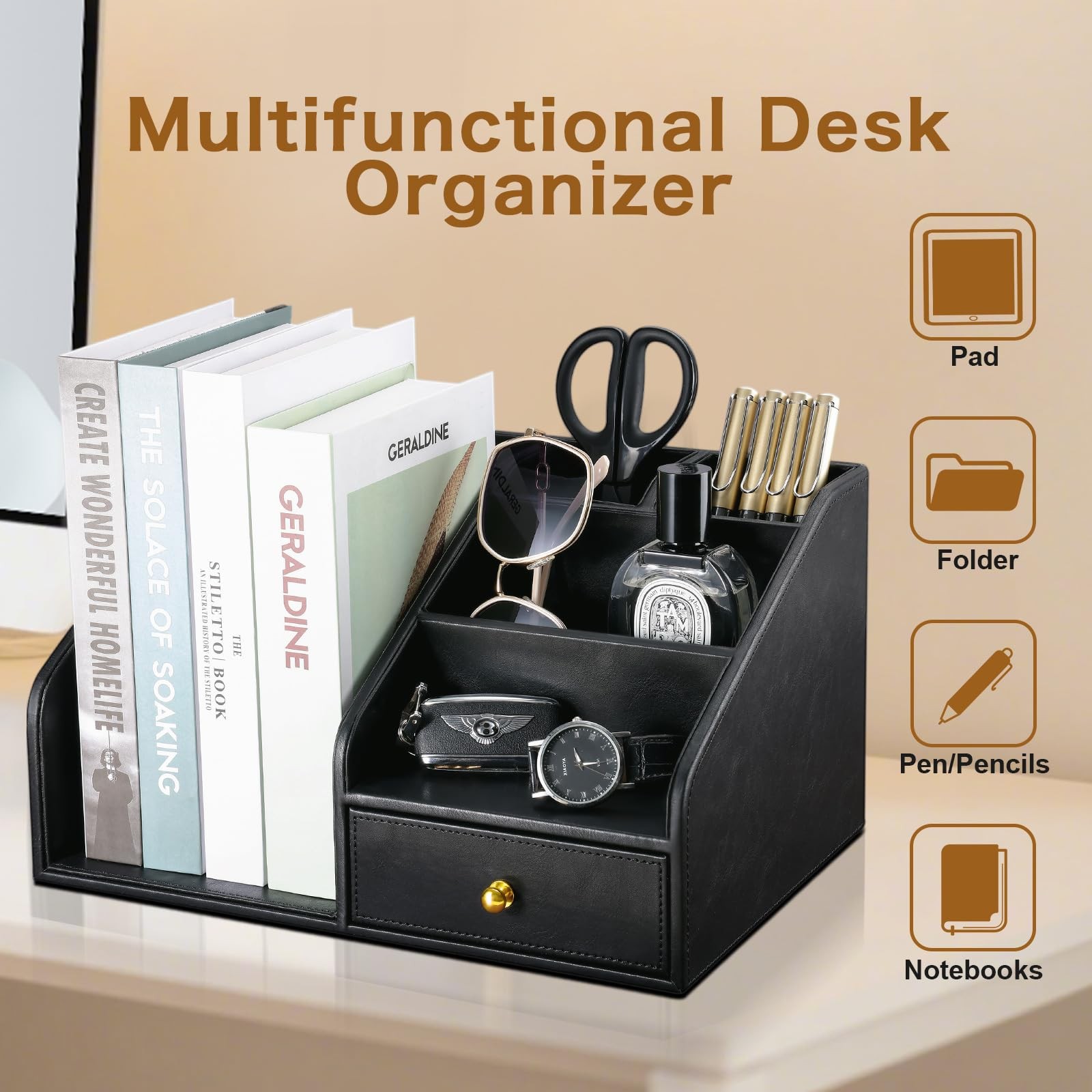PU Leather Desk Organizer, Multifunction 6 Compartment Desk Organizers and fo…